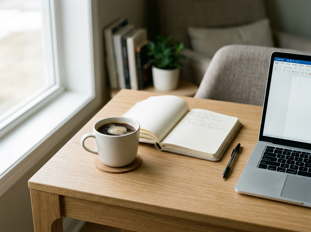 A wooden desk near a window with a cup of coffee, an open notebook, a pen, and a laptop, with a bookcase and potted plant in the background.