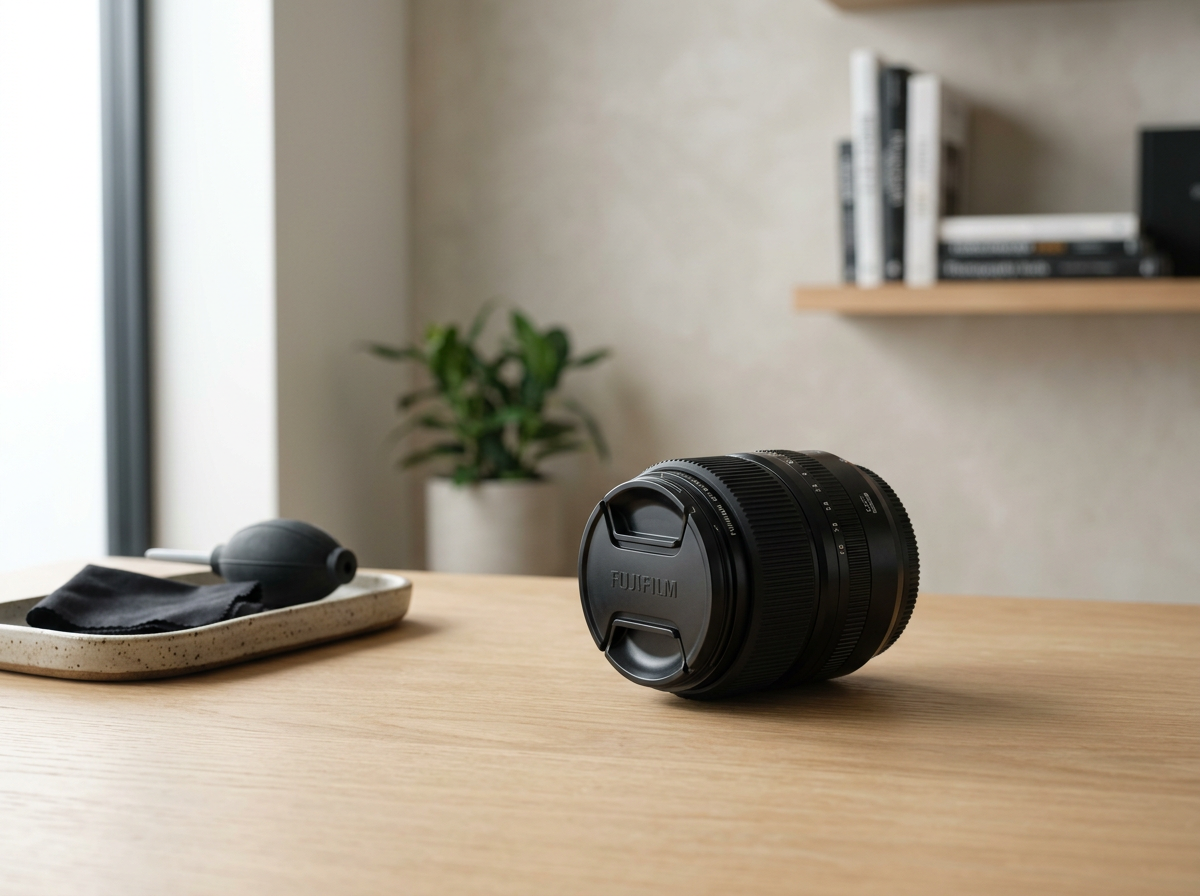 A camera lens with a Fujifilm logo placed on a wooden table, with a soap dispenser and cloth on a tray nearby, and a plant and bookshelf in the background near a window.