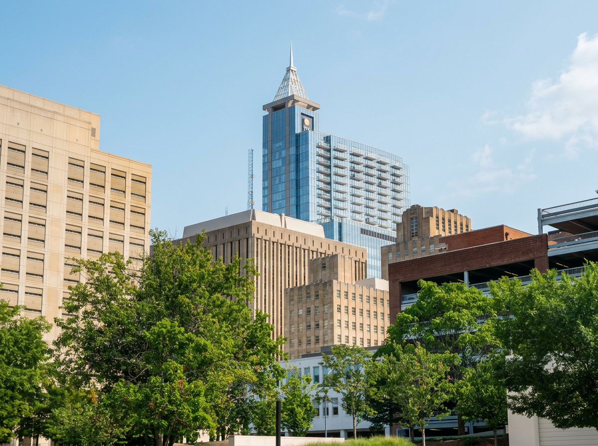 City skyline with modern high-rise buildings and lush green trees in the foreground on a clear day. Business photoshoot. Branding photography