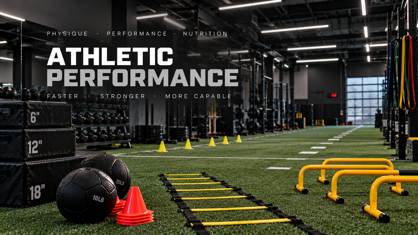 A athletic training facility, with overlay text reading physique,performance,nutrition, athletic performance,faster,stronger,more capable.