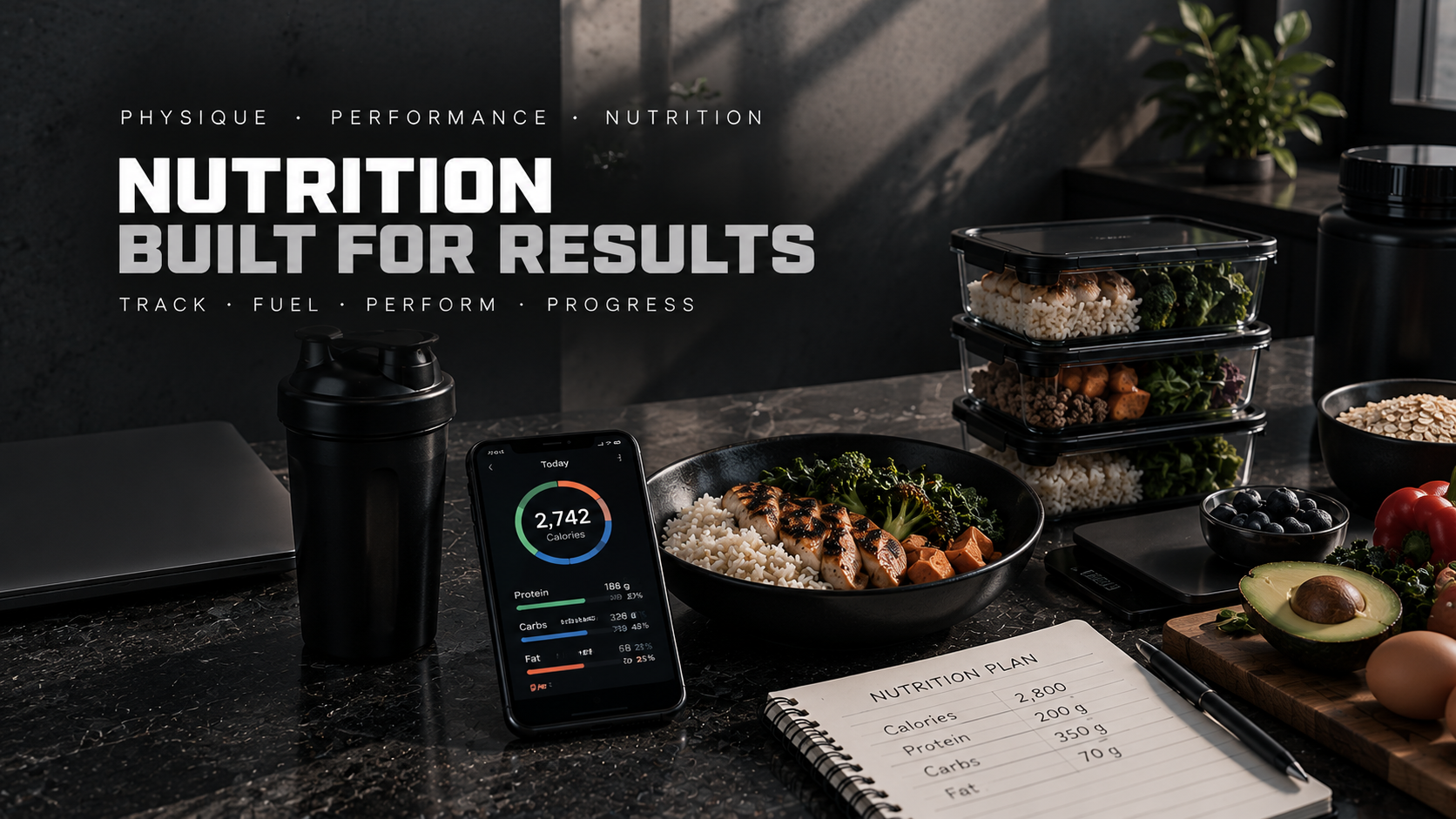 A workspace with healthy food, a phone displaying calories, a nutrition plan, and a laptop, emphasizing fitness and nutrition.
