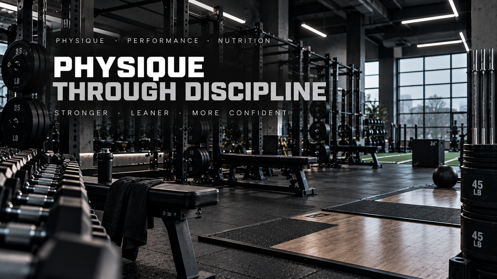Empty gym with weightlifting equipment, benches, and a large window showing an outdoor view.