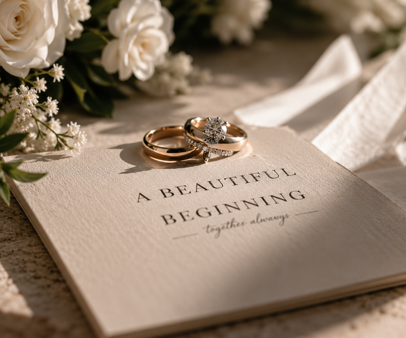 Wedding rings placed on a textured card that reads "A beautiful beginning together always," with white flowers and a white ribbon in the background.