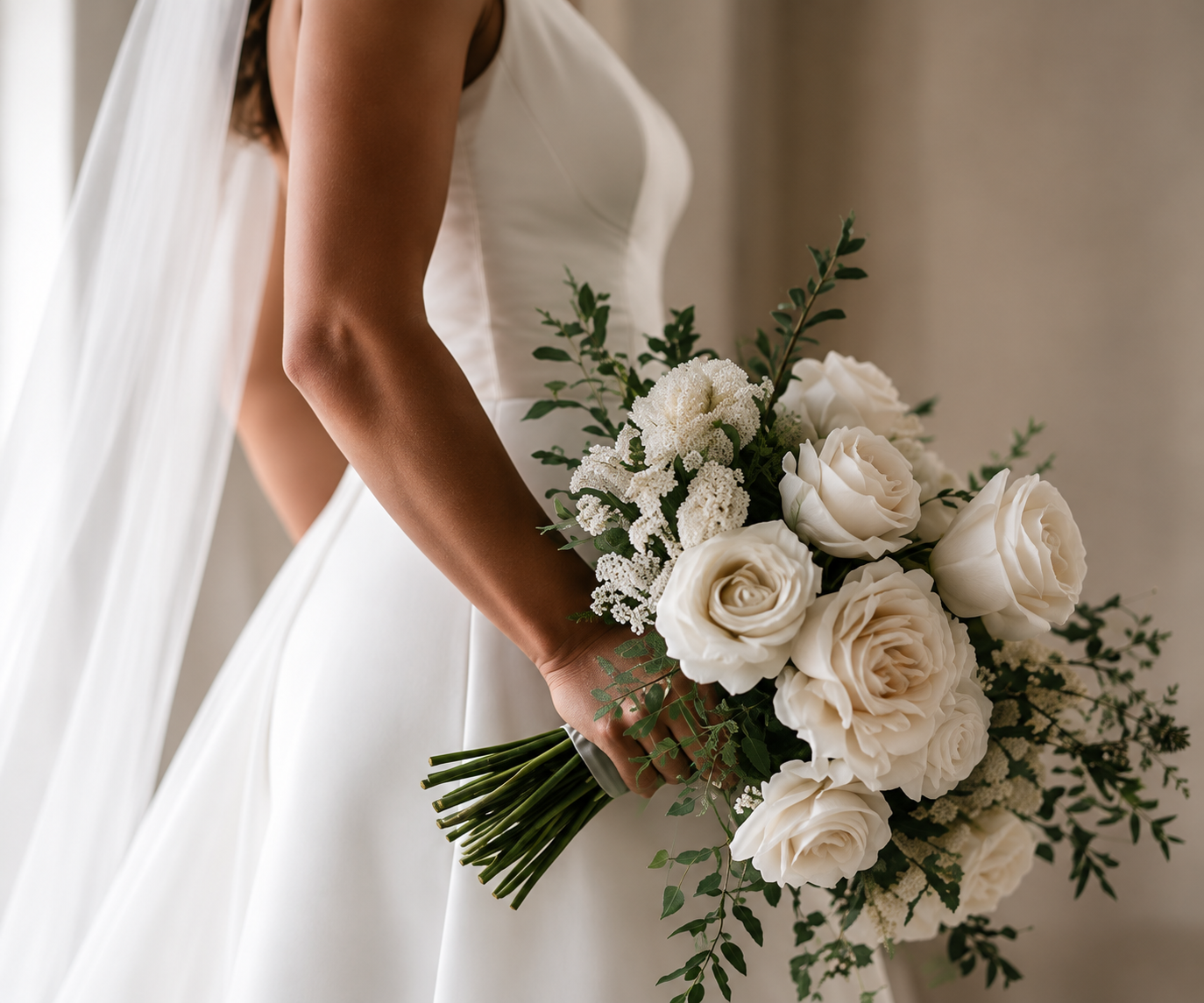 Close-up of a bride holding a bouquet of white roses and greenery, wearing a white wedding dress and veil.