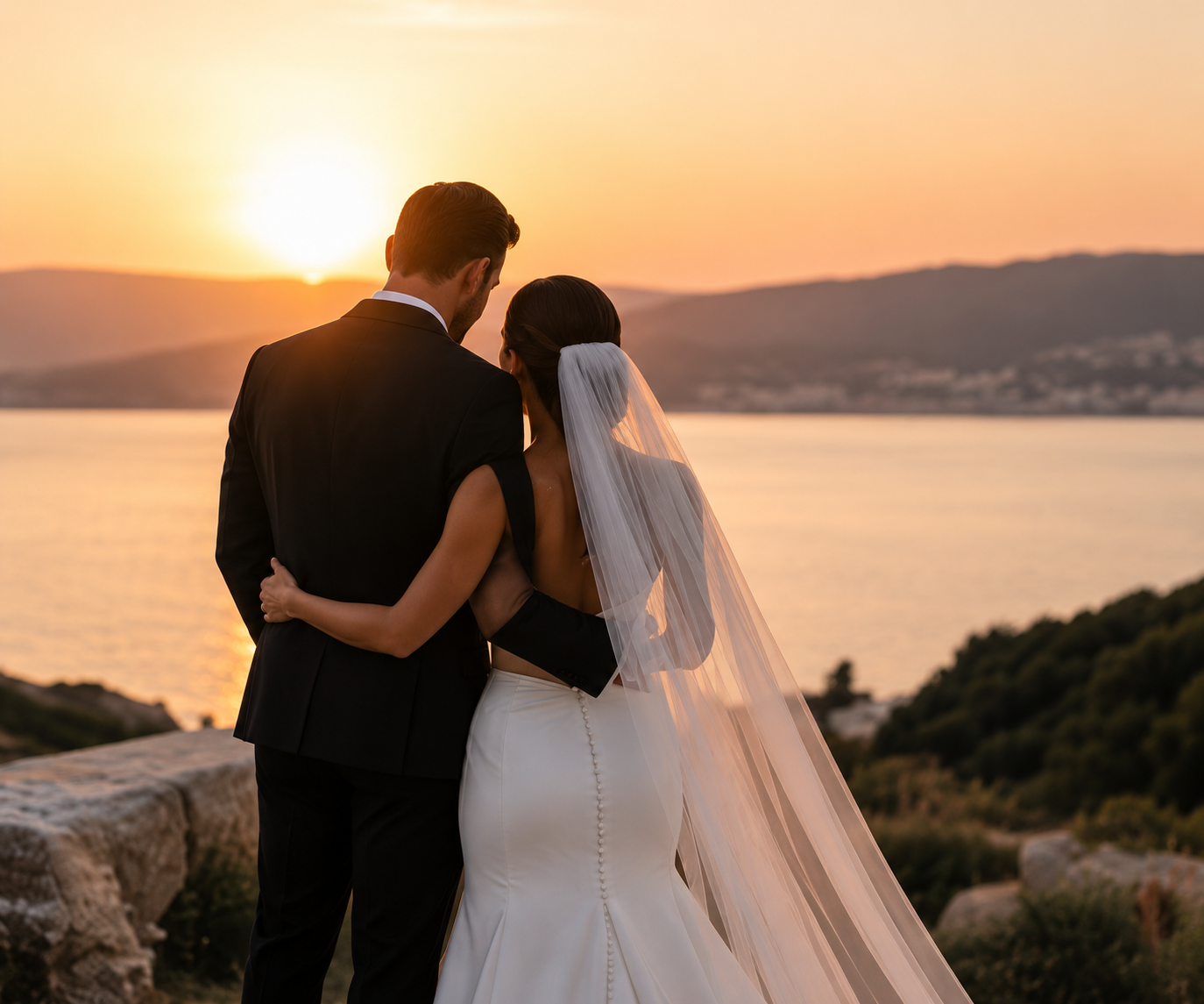 A bride and groom dressed in wedding attire standing closely together, facing a sunset over a body of water with hills in the background.