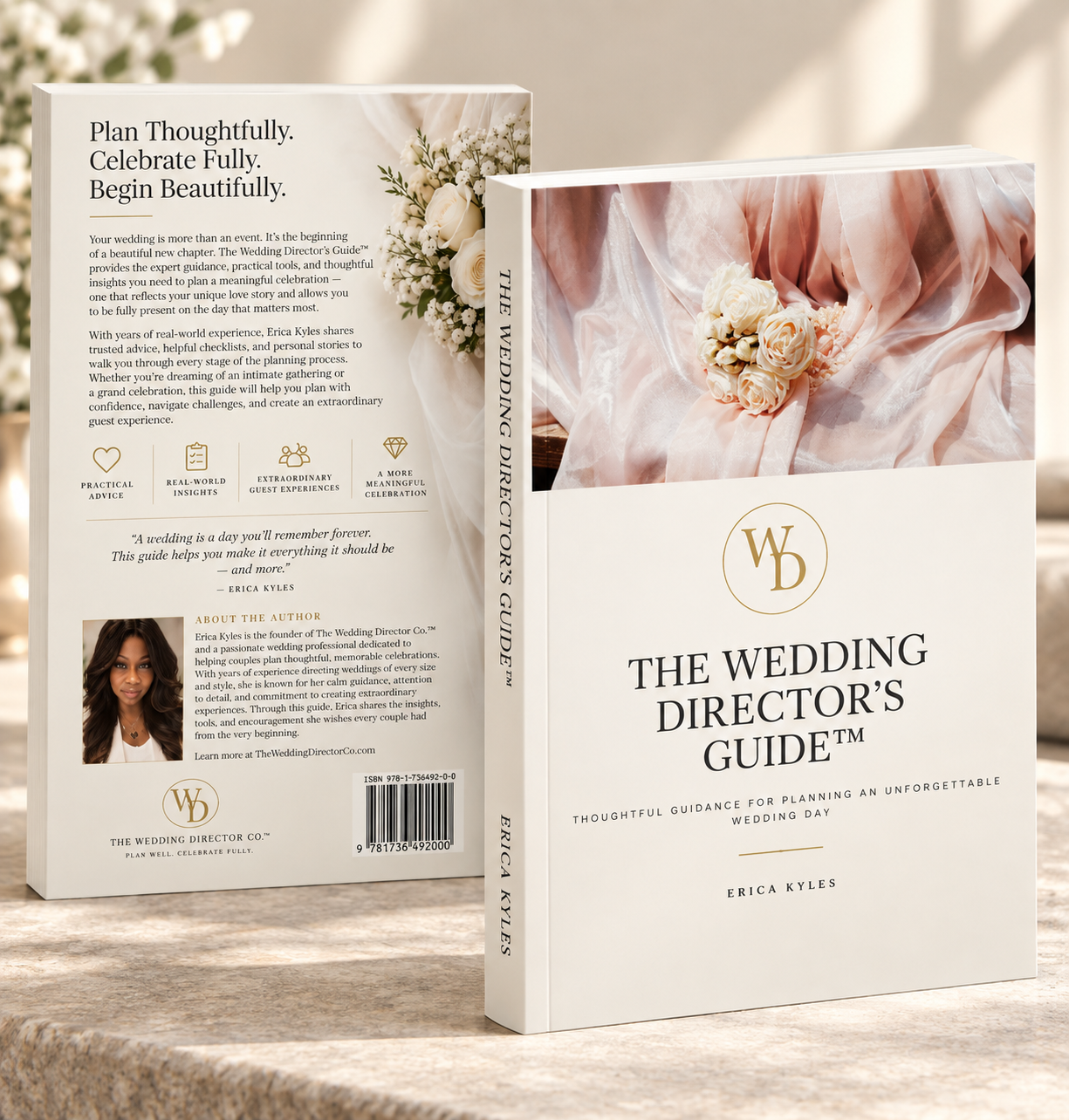Front and back covers of a wedding planning guidebook titled 'The Wedding Director's Guide' by Erica Kyles. The front cover features pink fabric with a bouquet of cream roses, and the back cover has a white background with text and a photo of the author, Erica Kyles, with a brief bio.