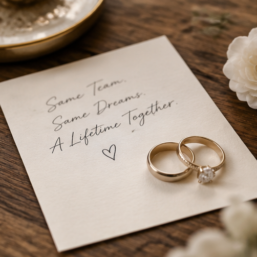 A handwritten note with wedding rings and white flowers on a wooden surface.