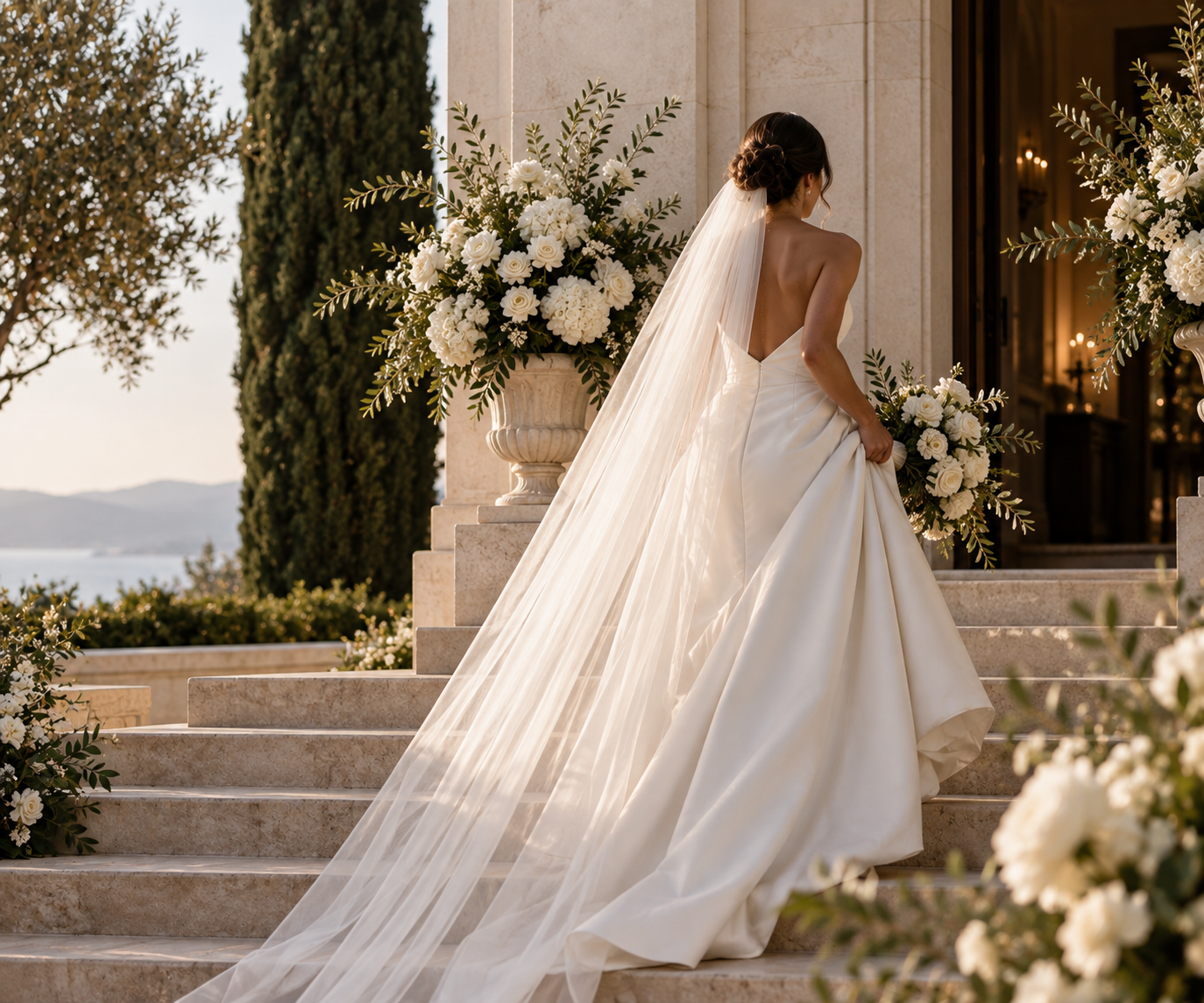 Bride in a white wedding gown with a long veil, holding her dress, standing on steps outside a building decorated with large floral arrangements, with trees and mountains in the background during sunset.