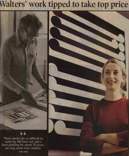 A newspaper clipping showing a photograph of Sophie Coupland in front of a large Walters artwork, article title stating 'Walters' work tipped to take top price'