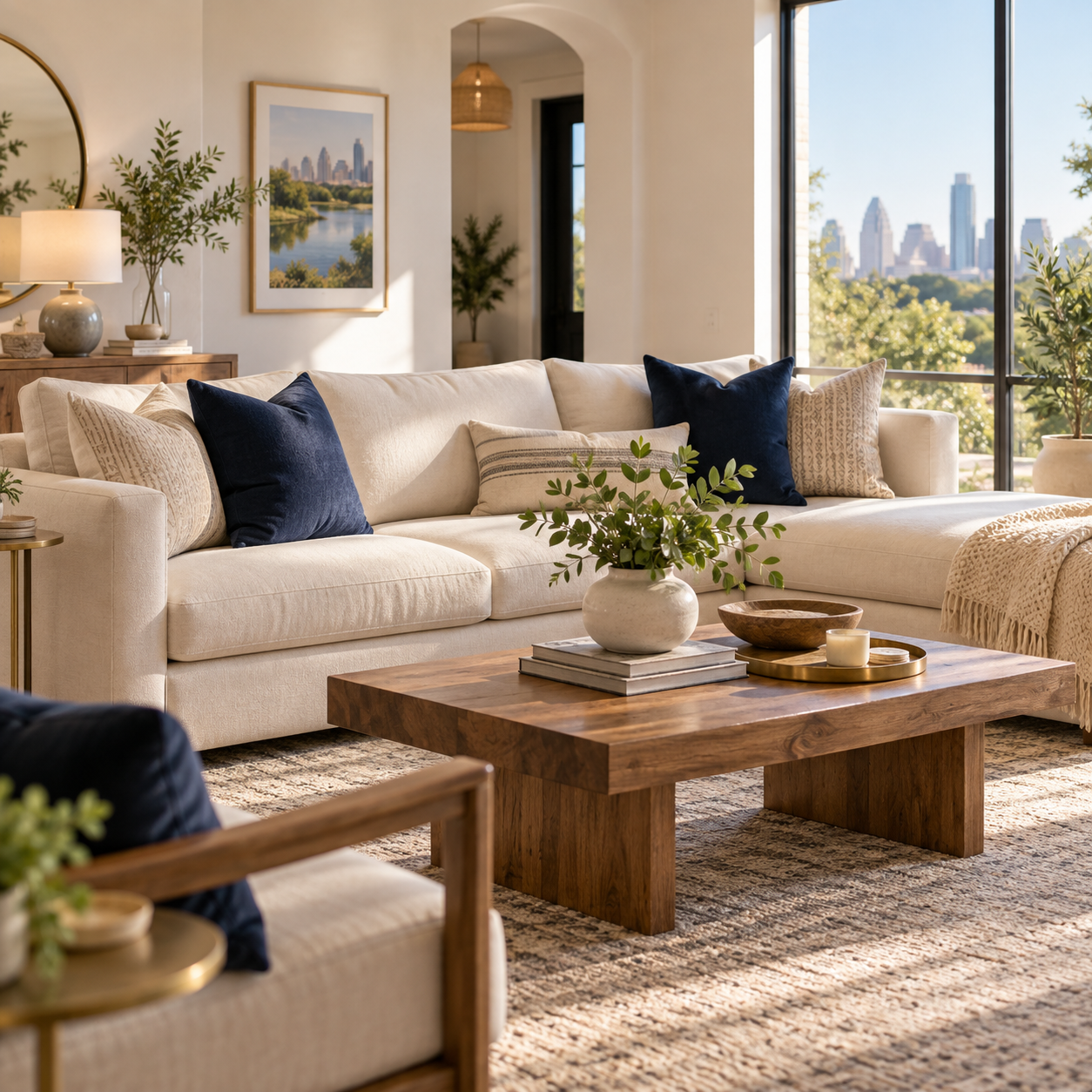 Living room with cream sofa, navy and patterned pillows, wooden coffee table, large window view of city skyline, green plants, and natural decor.