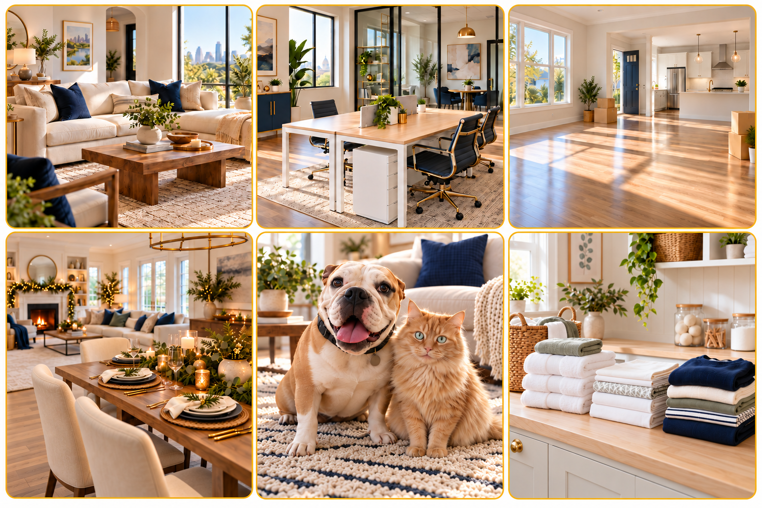 Collage of home interior spaces including a living room with beige sofa and navy cushions, an office with a large wooden desk and black chairs, an empty bright dining area, a cozy living room with a fireplace and holiday decorations, a close-up of a dog and a cat sitting on a rug, and a linen closet with folded towels and storage jars.