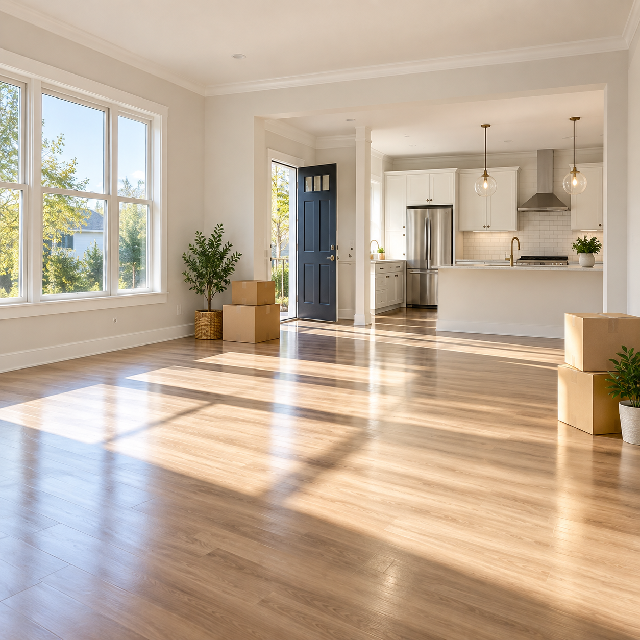 Empty living room with large windows, light wood floors, and a view of the kitchen with white cabinets, stainless steel appliances, and pendant lighting.