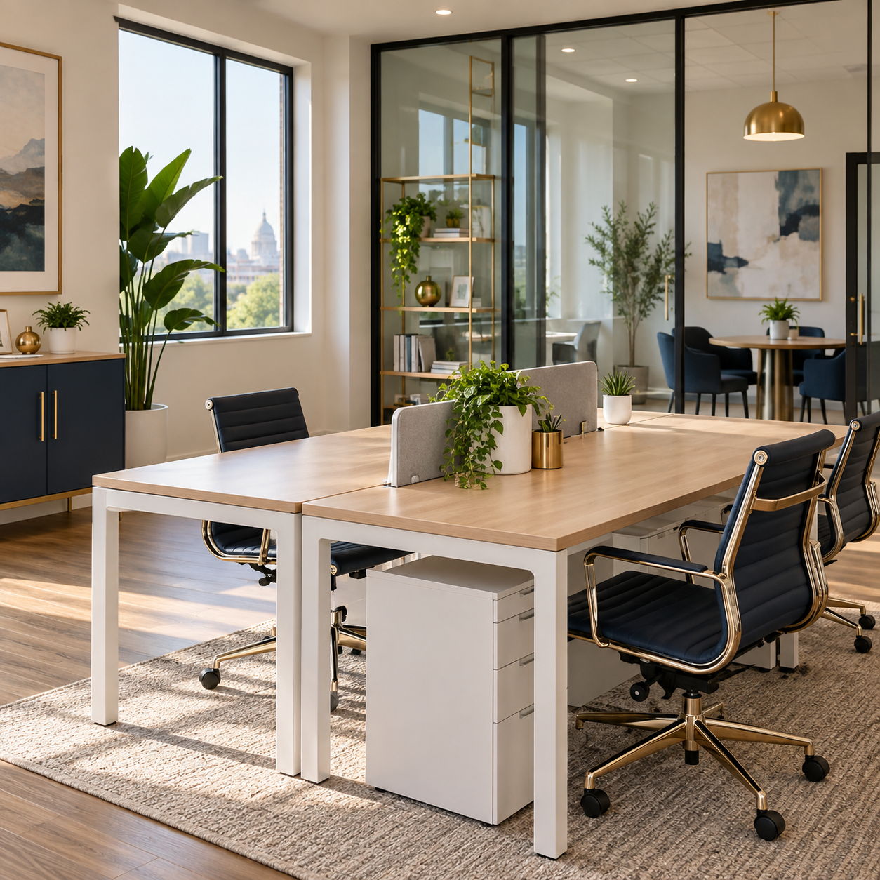 Modern office conference room with a large wooden table, black leather chairs with gold accents, indoor plants, large windows showing cityscape, glass partition, shelves with decor, artwork on walls, and natural lighting.