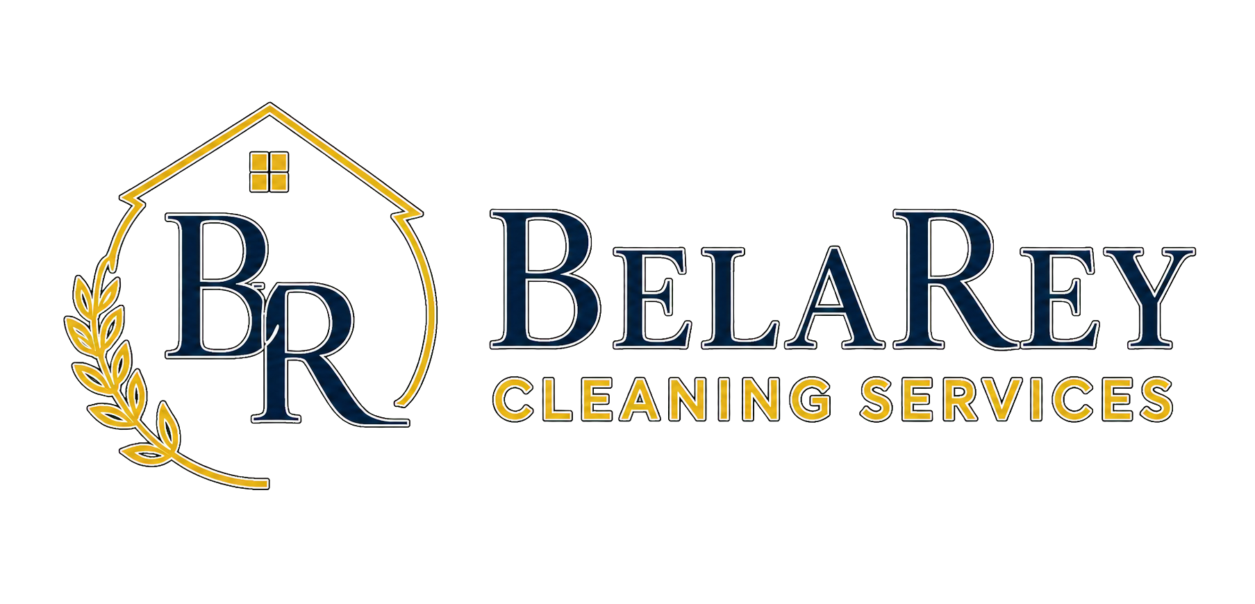 Logo for Belarey Cleaning Services with a house outline, leaves, and text in navy and gold that reads 'BR Belarey Cleaning Services, LLC'.