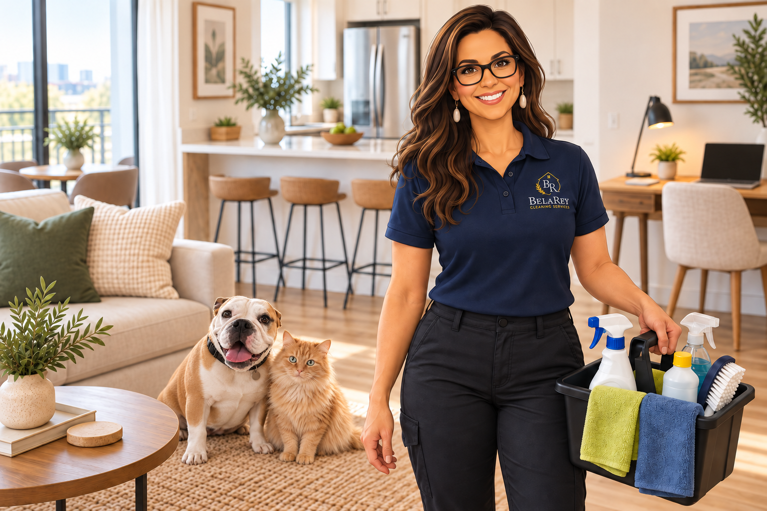 A woman in a blue uniform holding a cleaning supplies basket, standing in a modern living room with dog and cat.