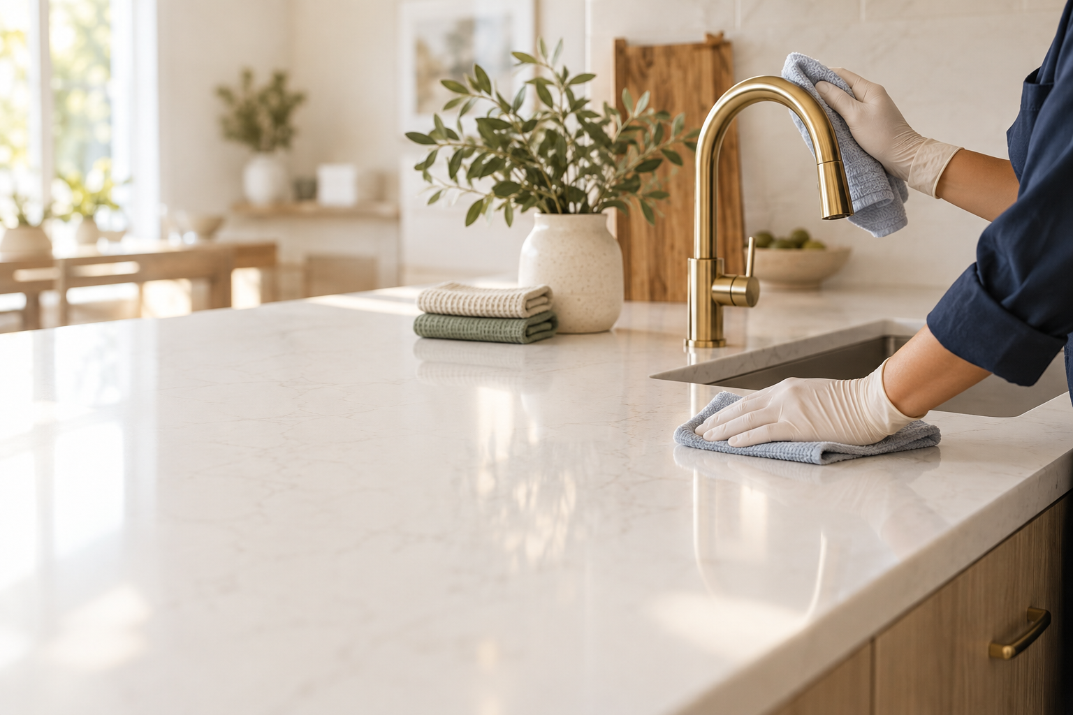 A person cleaning a kitchen countertop with a cloth, wearing gloves. The kitchen has a white marble surface, a golden sink faucet, a plant in a white vase, and neatly folded towels.