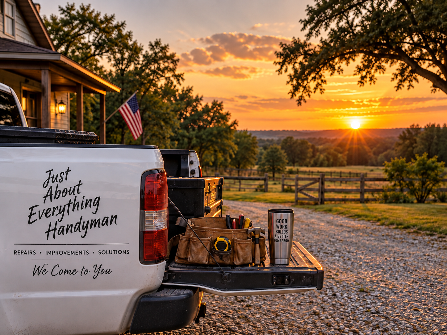 Back view of a white handyman service truck with tools and a tumbler on the open tailgate, set in a rural landscape at sunset, with a house, American flag, trees, and a fence in the background.