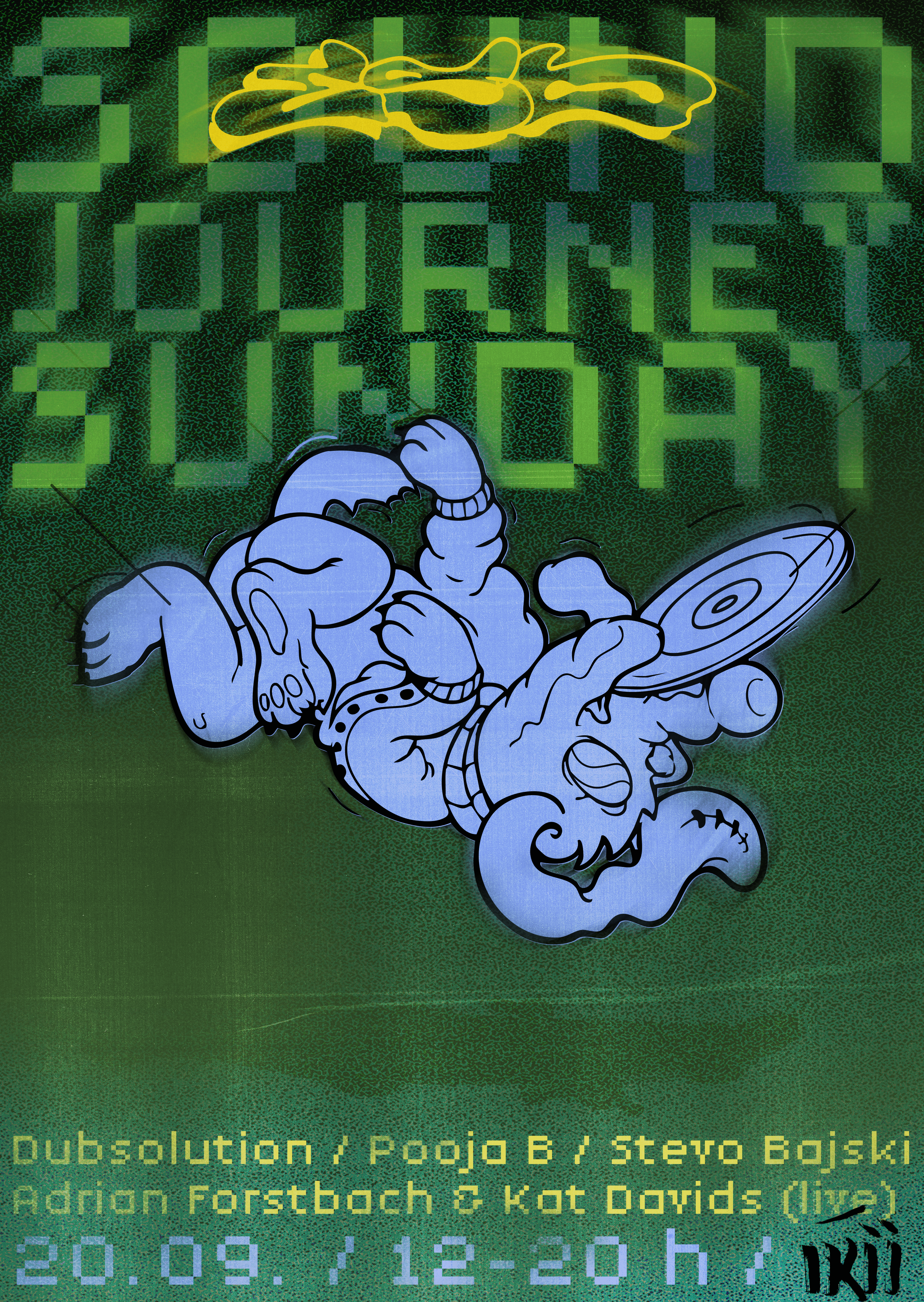 Ein digitales Kunstwerk mit einem grünen pixelartigen Hintergrund, einem stilisierten blauen Drachen und gelber Computer-Technologie-Silhouette, darüber der Schriftzug "ELECTRO" in pixelartiger Schrift. Unten steht der Text: 'Subsolution / Projo B / Stevo Bojski Adrian Forstbach & Kat Davids (live)' sowie das Datum '20.08.12-20 h' neben einer schwarzen Kontrollnummer.