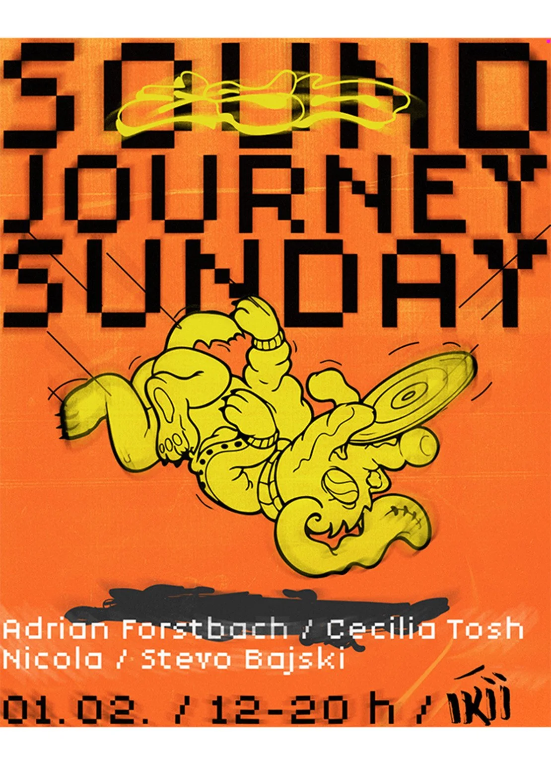 Festivalplakat mit einem grünen, cartoonartigen Drachen, der auf einem Plattenspieler tanzt, vor einem orangefarbenen Hintergrund, mit schwarzen Pixelbuchstaben, die den Namen des Events und die Teilnehmer anzeigen.