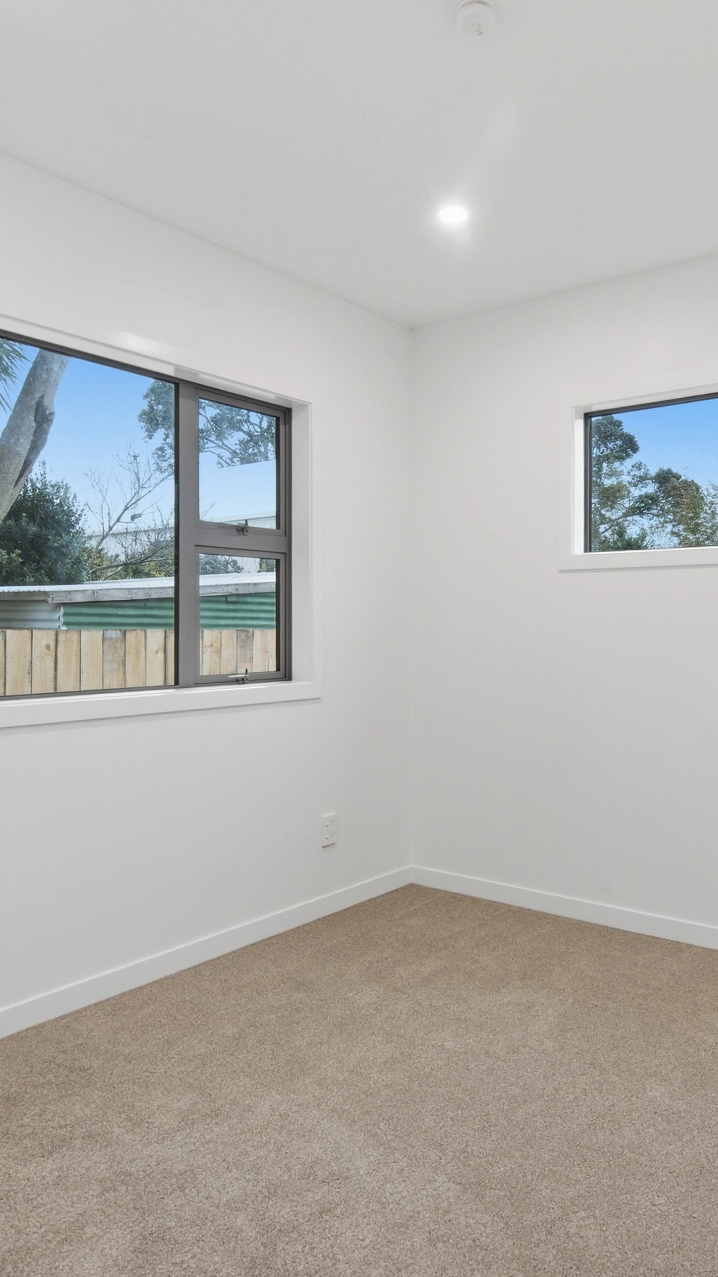 Empty white room with two windows, beige carpet, and a smoke detector on the ceiling.