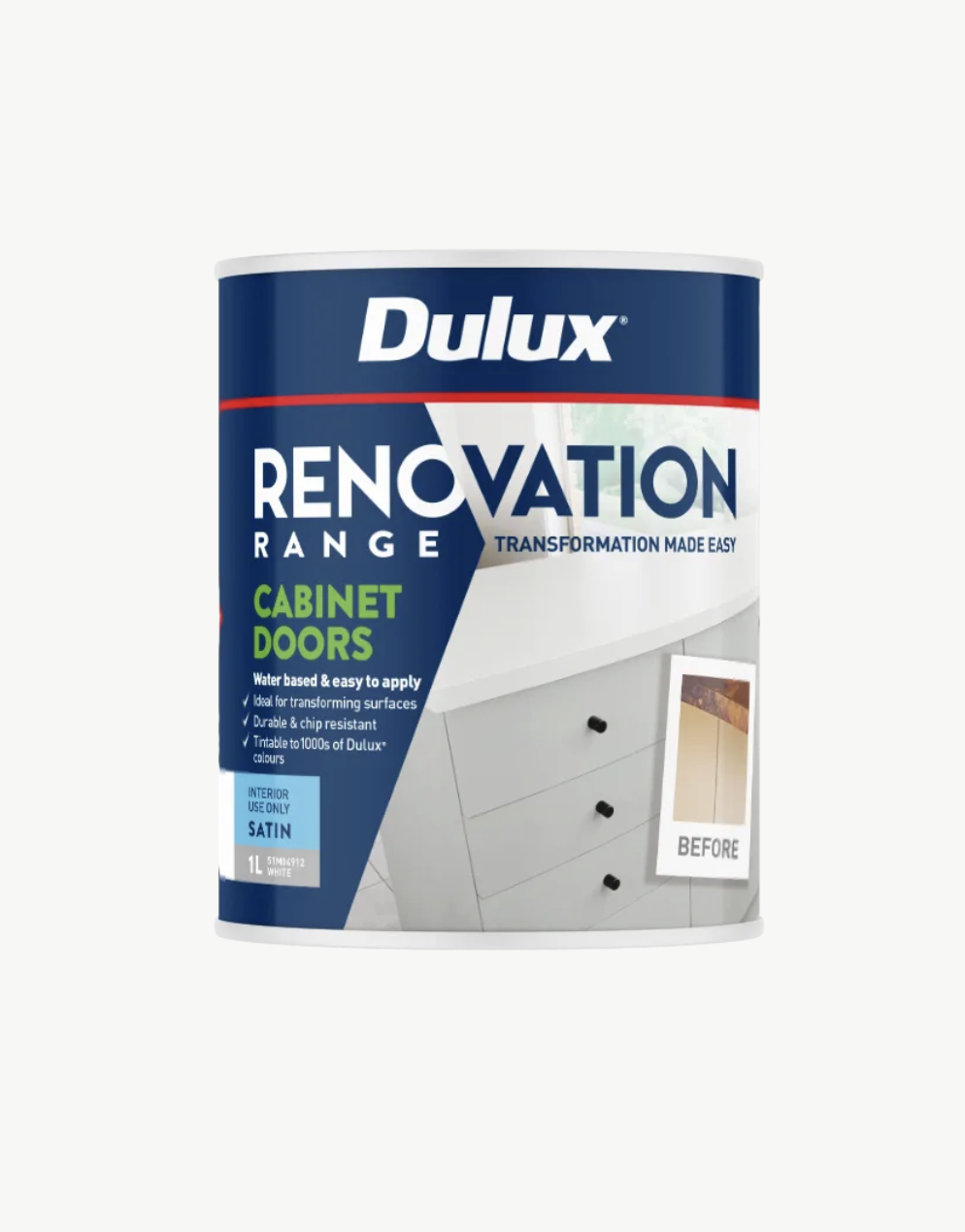 Dulux Renovation Range Cabinet Doors paint can with a 'Before' photo of a white dresser, indicating it's for transforming cabinet surfaces.