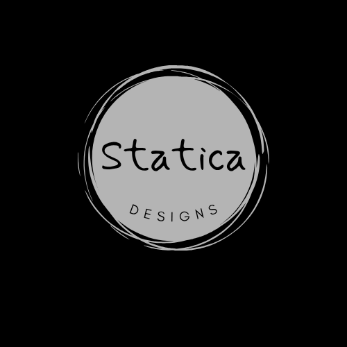 Logo for Statica Designs featuring a black circular scribble surrounding a gray circle with the words "Statica Designs" inside.
