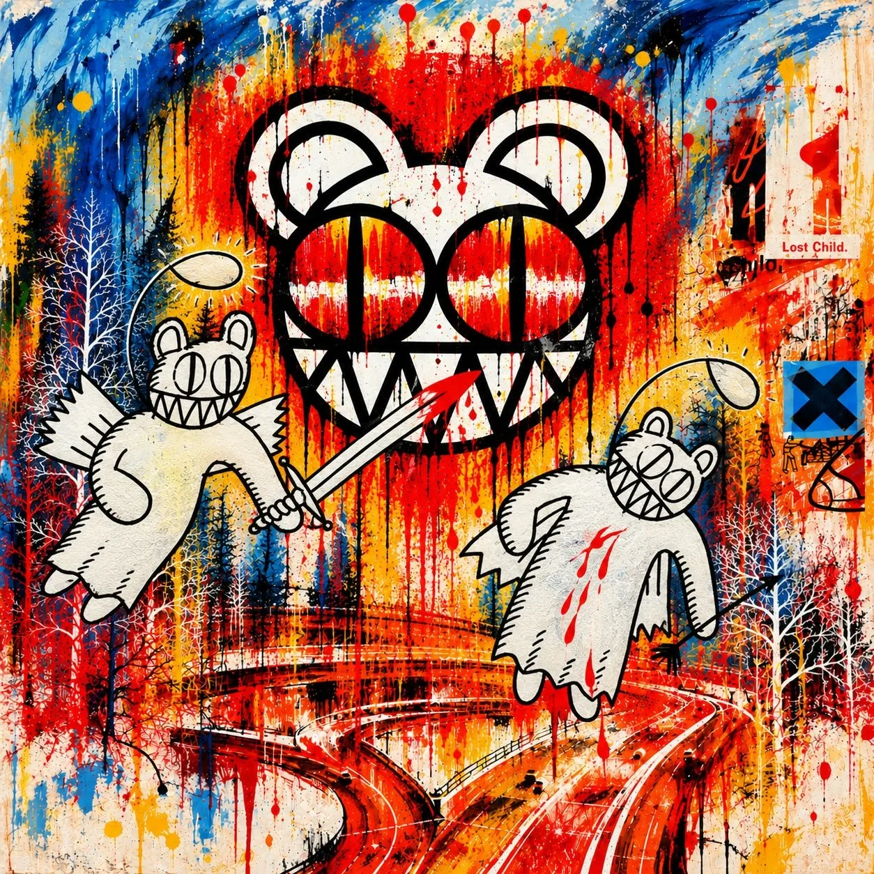 Street art mural featuring a large, smiling, skull-like face with sharp teeth and red eyes, with two cartoonish ghost figures with big grins and sharp teeth in front. One ghost holds a sword, the other holds a trident. The background has vibrant splashes of red, yellow, blue, and black paint, with trees and a winding path.