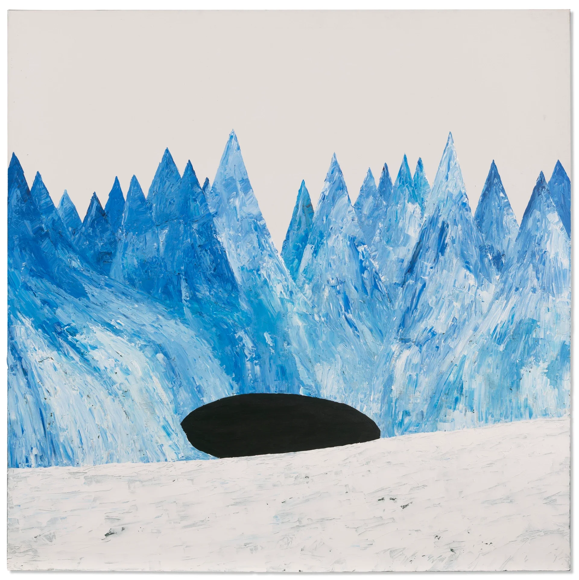 Abstract painting of a mountain landscape with blue mountains and a black cave in the foreground, painted with thick, textured brushstrokes.