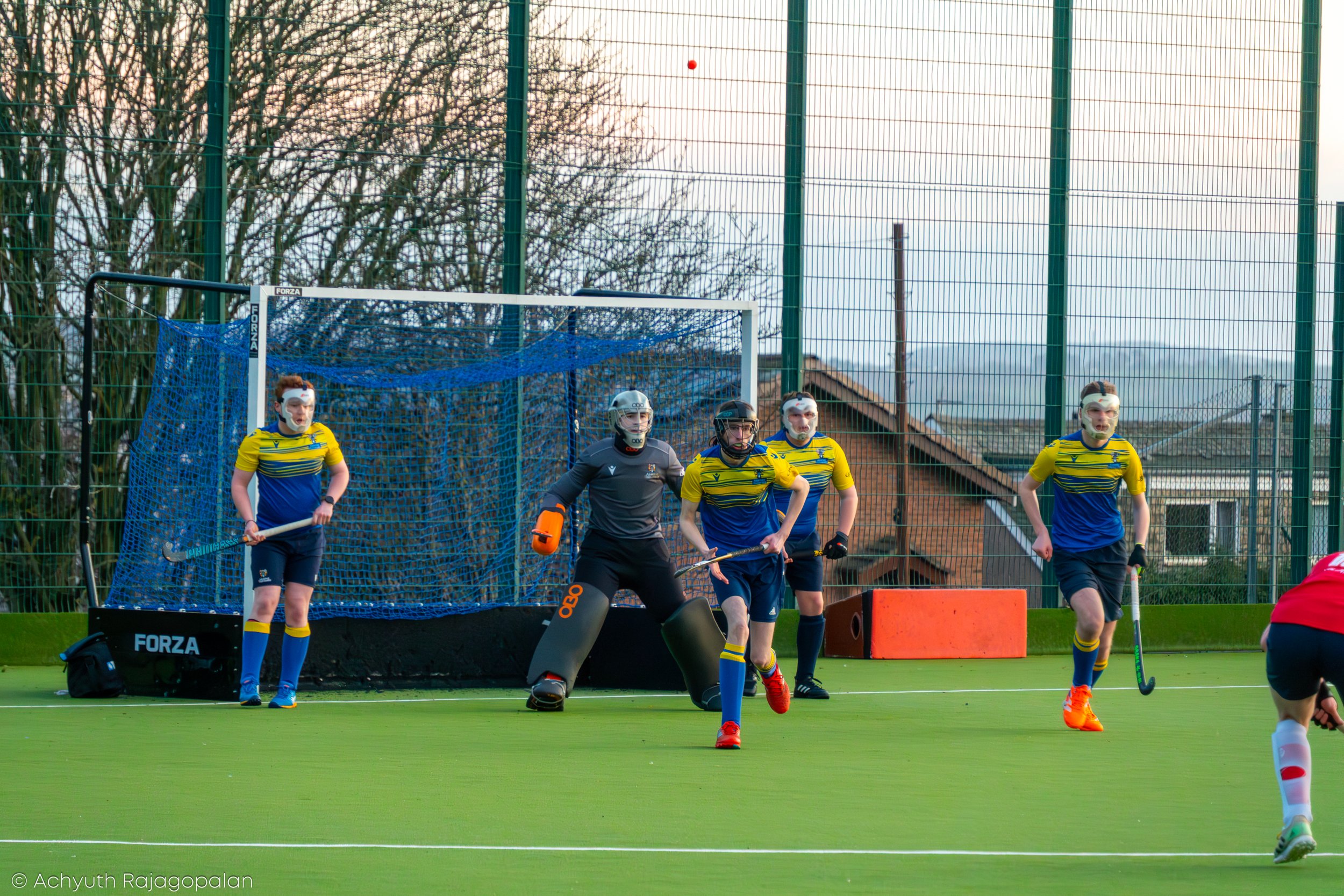 Field hockey players wearing yellow and blue uniforms on a green field during a match, with a net and fencing in the background, and a small red ball in the air.