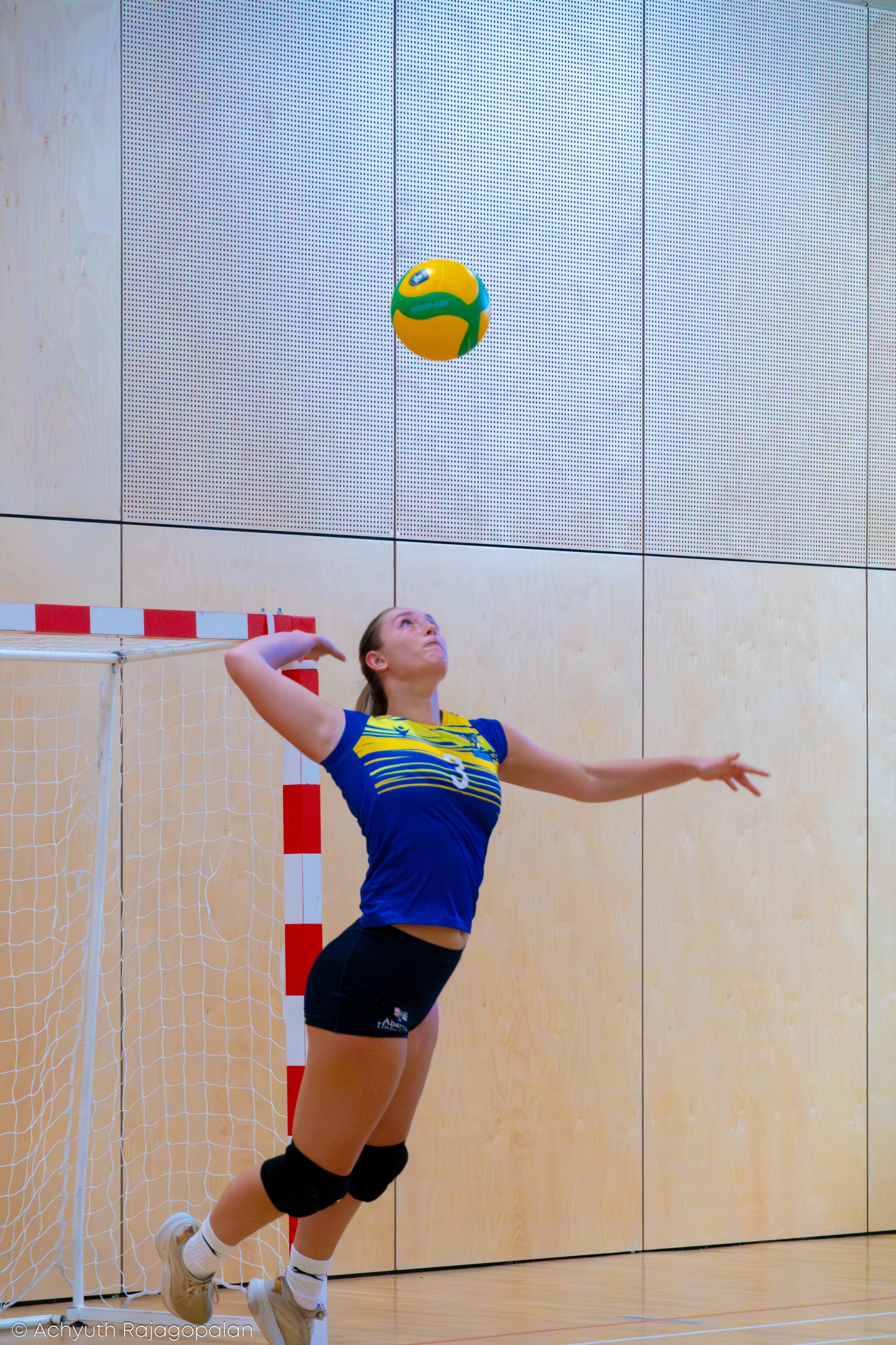A female volleyball player in a blue and yellow uniform preparing to hit a volleyball during an indoor game.