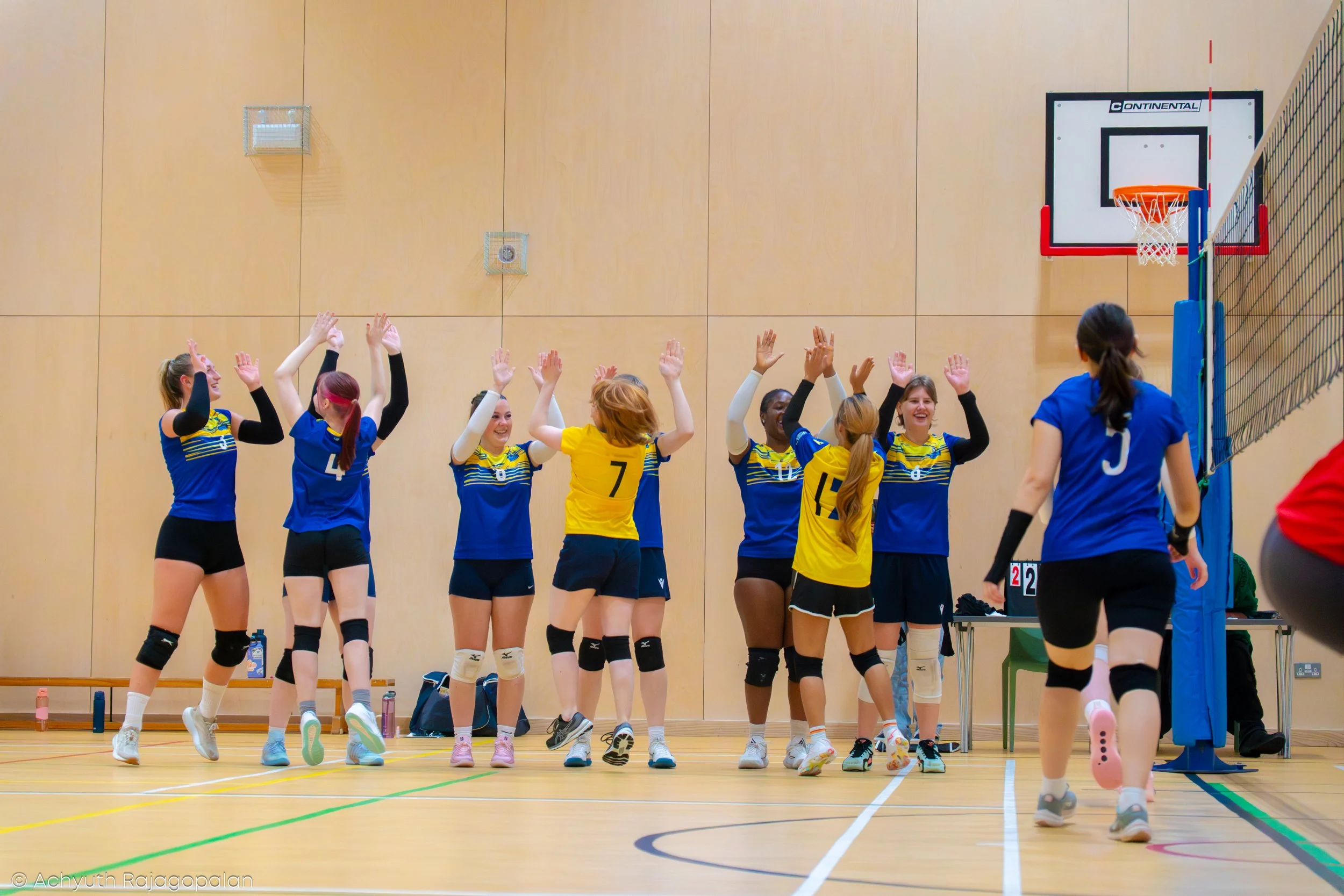 A volleyball team in yellow and blue jerseys celebrating on an indoor volleyball court, with some players giving high fives, and a referee or coach in red shirt visible on the right side.
