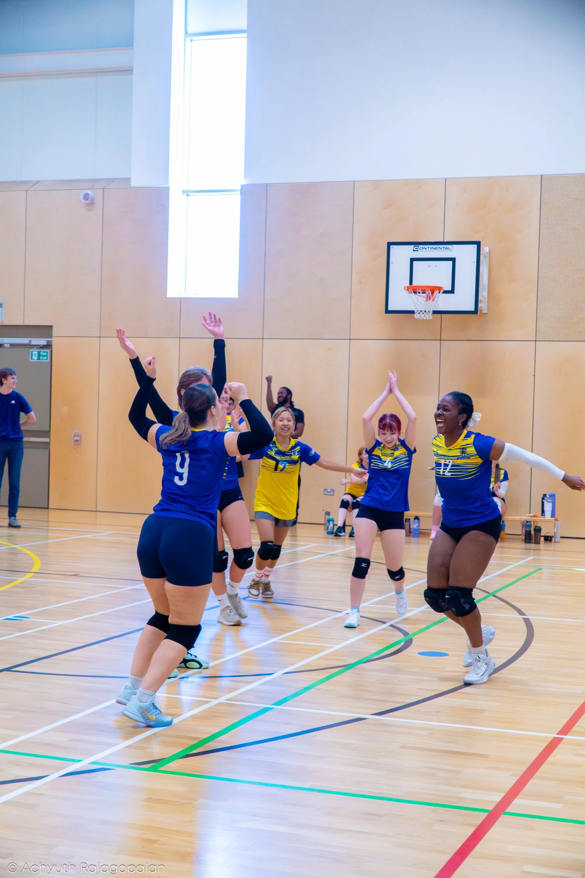 A group of female volleyball players in blue and yellow uniforms celebrating on an indoor court with a basketball hoop on the wall.