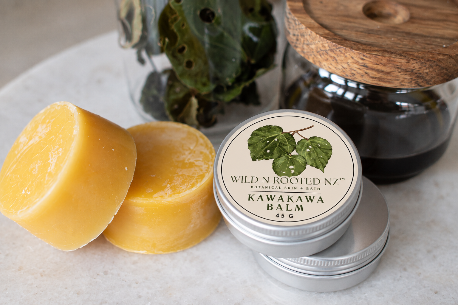 small batch, NZ botanicals, 45g jars of KawaKawa Balm by Wild N Rooted NZ.png