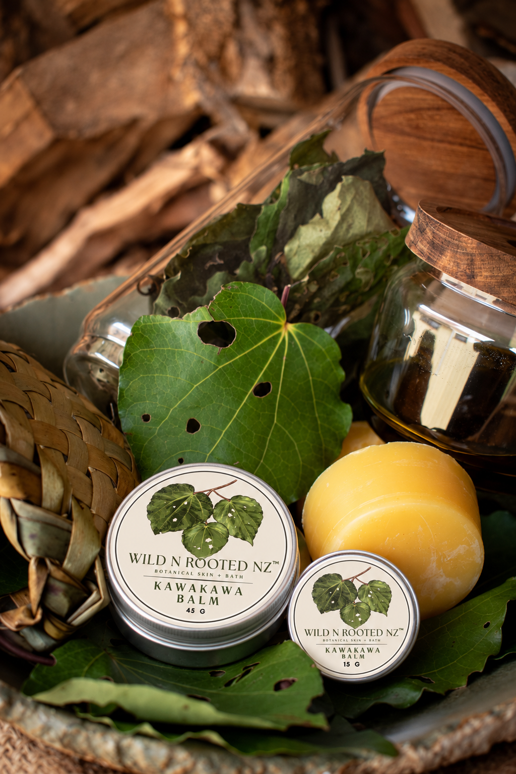 45g and 15g jar of Wild N Rooted NZ Kawakawa Balm
