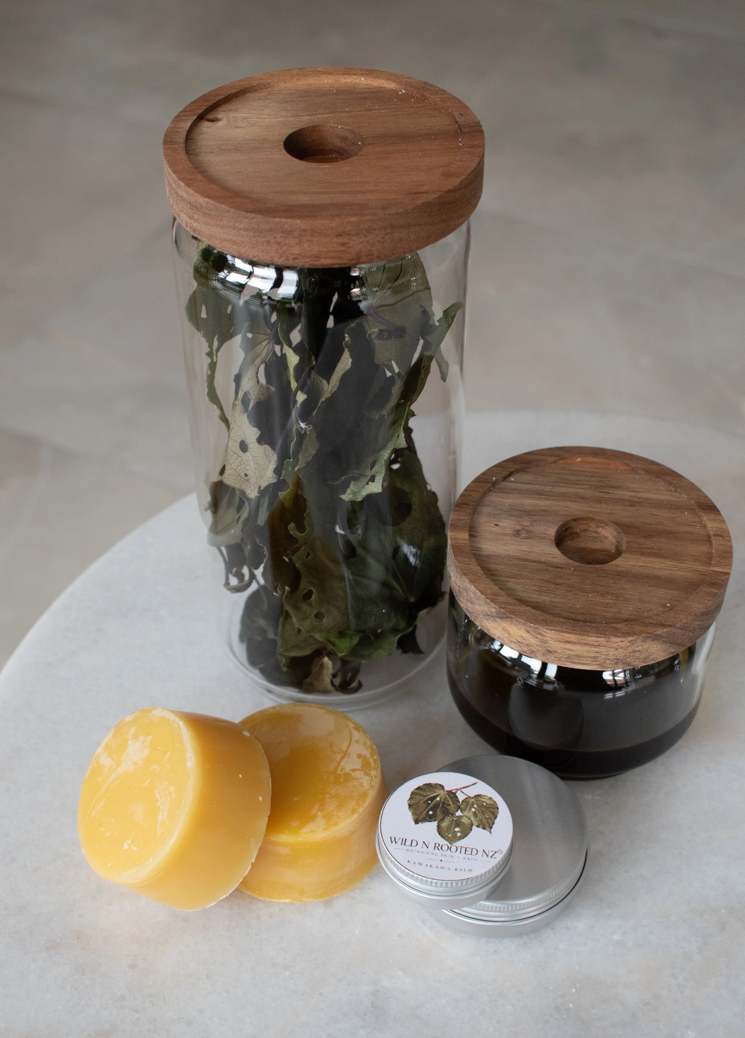 native NZ plant skincare kawakawa balm in jars with natural botanicals and ingredients, Wild N Rooted NZ