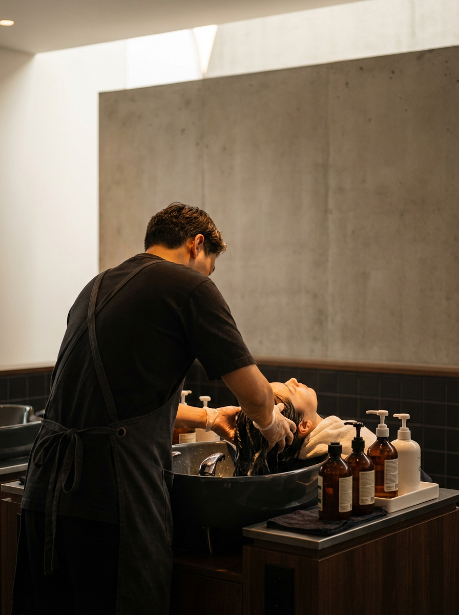 A person receiving a hair wash at a salon, with a stylist washing their hair in a black sink, surrounded by hair care bottles.