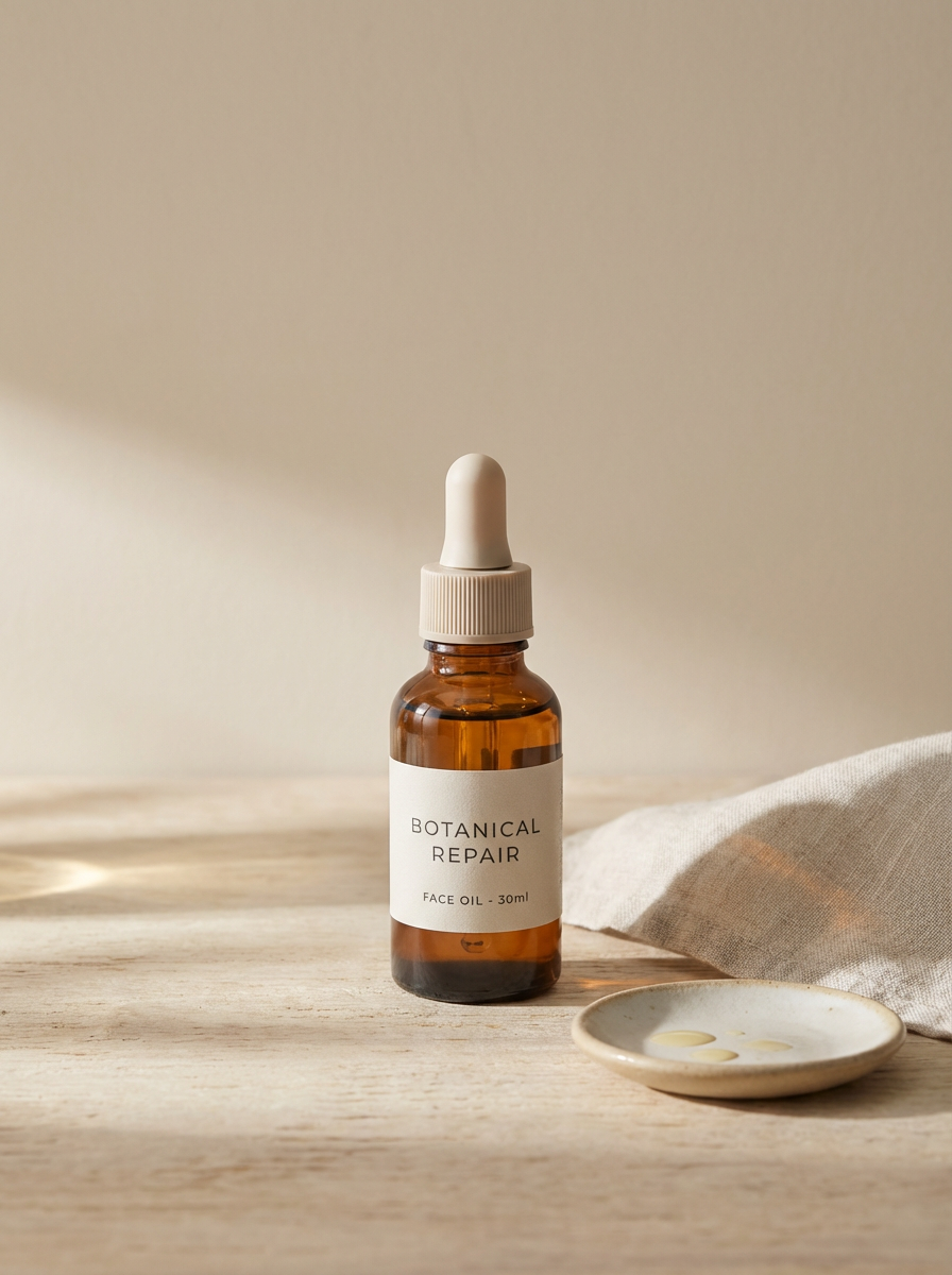 Brown glass bottle labeled 'Botanical Repair Face Oil 30ml' with a white dropper cap, sitting on a wooden surface next to a small dish with two capsules, and a white cloth, with neutral background.