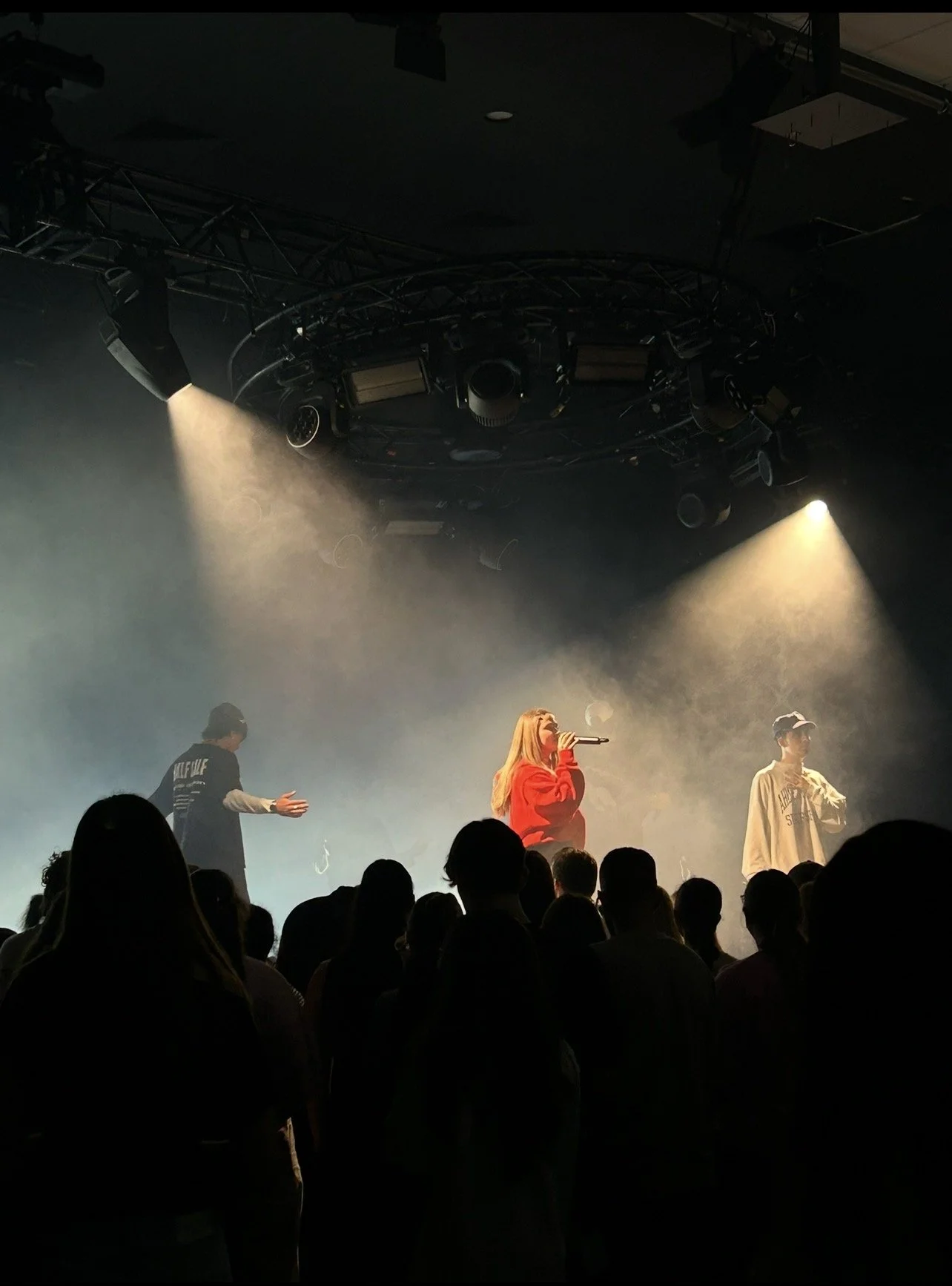 A concert stage with three performers; a woman in a red hoodie singing into a microphone in the center, and two men on either side with one gesturing and the other wearing a cap, all silhouetted by stage lights with an audience in the foreground.