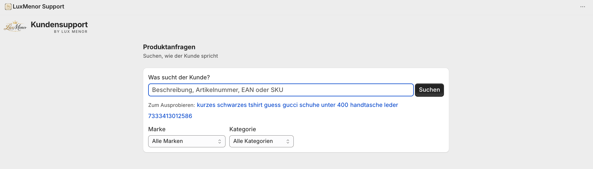 Screenshot eines Kundensupport-Formulars auf der Lux Menor Website, das nach Produktanfragen fragt, mit Eingabefeld, Suchbutton, Markenauswahl und Kategorieauswahl.