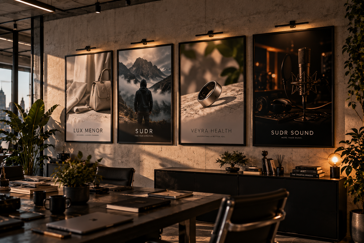 Ein moderner Konferenzraum mit vier große Posters an der Wand, die Werbeanzeigen für die Marke SUDR Sound zeigen, inklusive Produktbilder und Szenen in natürlicher Umgebung.