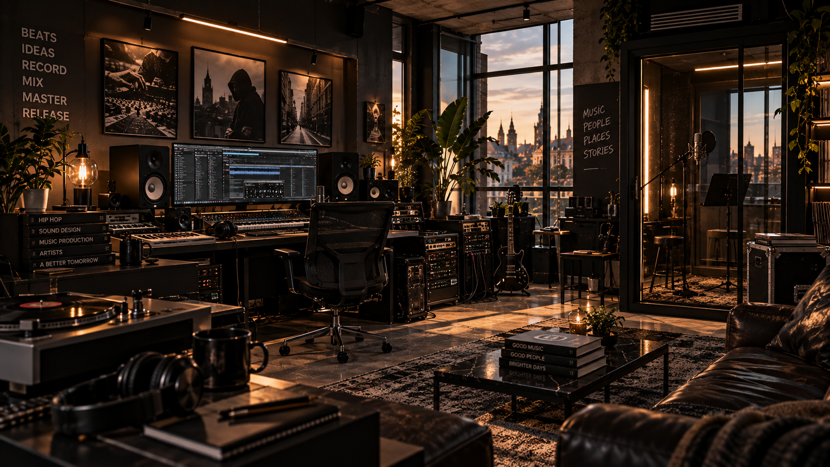 Aufnahme eines modernen Musikproduktionsstudios bei Sonnenuntergang, mit einem großen Bildschirm, Lautsprechern, Gitarre, Mikrofon und verschiedenen Musikequipment, in einem Raum mit großen Fenstern, Pflanzen und Wanddekorationen.