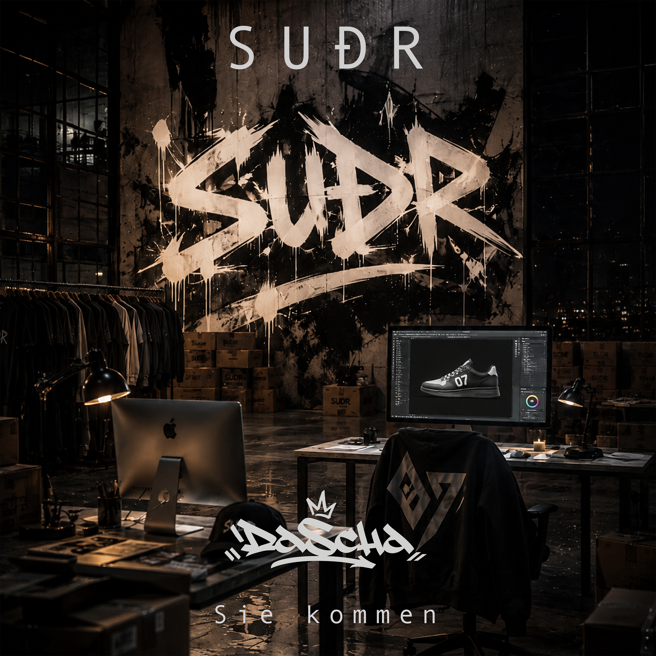 Ein gedämpftes, dunkles Interieur eines Geschäfts oder Studios mit Graffiti-ähnlicher Kunst auf einer Wand und einem großen Text, der 'SÜDR' und 'sie kommen' sagt, mit einem Laptop, einem Computerbildschirm und Kleidung auf Ständern im Vordergrund.