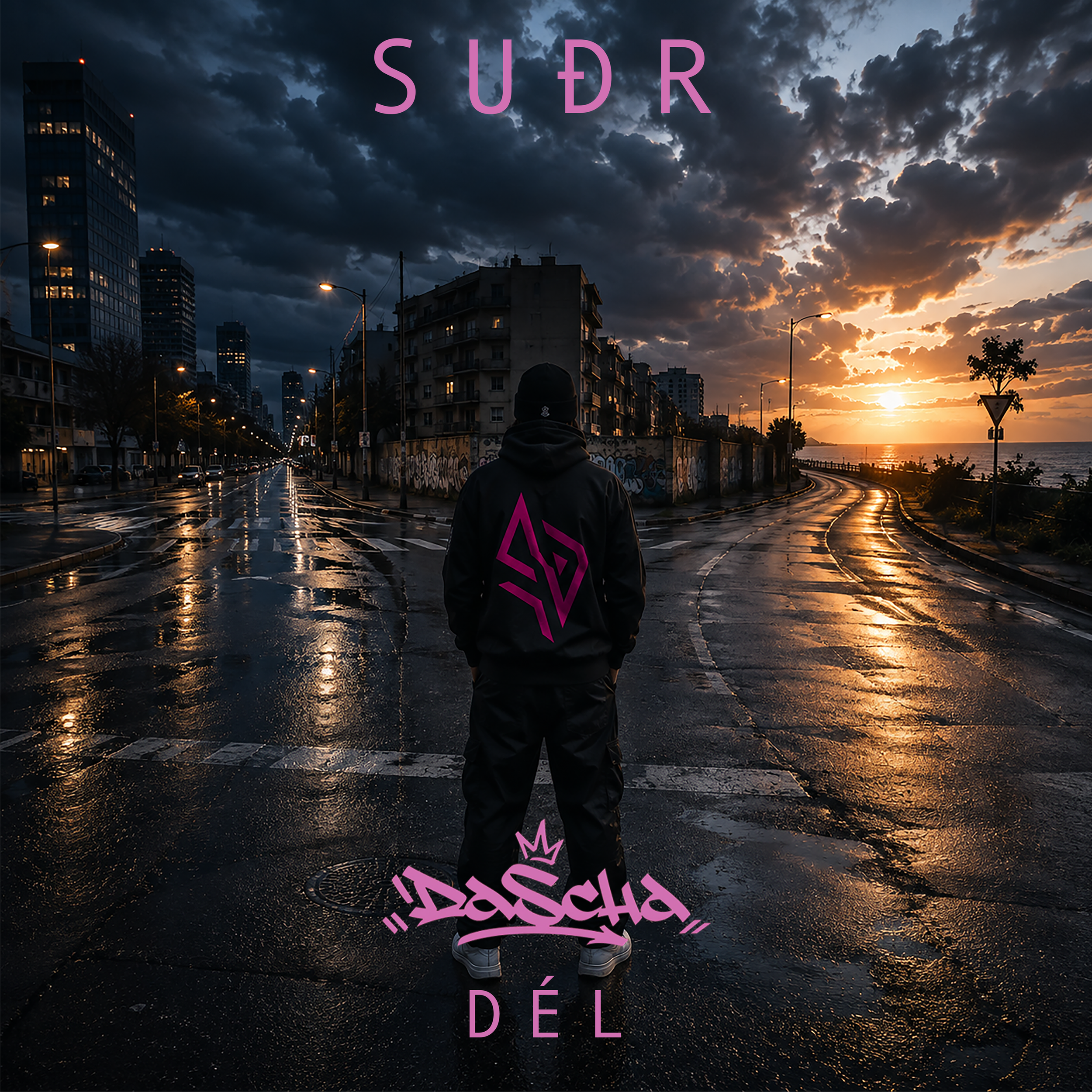 Ein Person steht auf einer nassen Straße bei Sonnenuntergang, hinter ihnen sind Hochhäuser und dunkle Wolken. Auf dem Bild sind groß die Worte 'SUBR', 'PRISCILA' und 'DÉLIA' in pinker Schrift eingefügt.