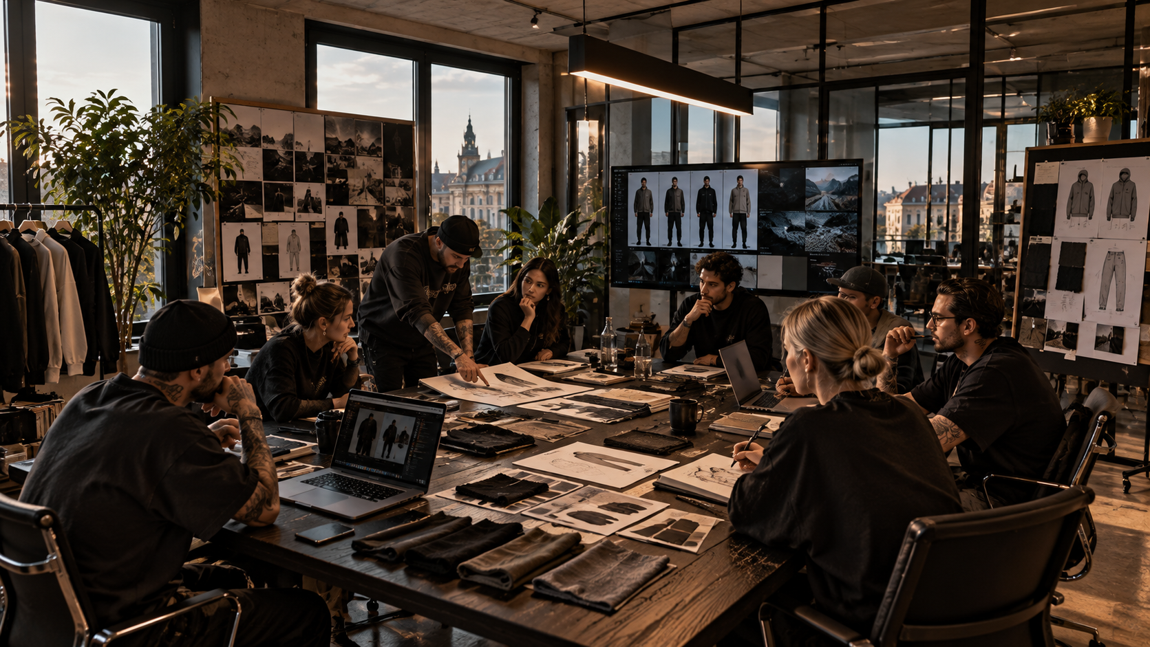 Menschen arbeiten in einem modernen Designbüro an Modeentwürfen, mit Skizzen und Stoffmustern auf einem großen Tisch, umgeben von großen Fenstern und Stadtblick.