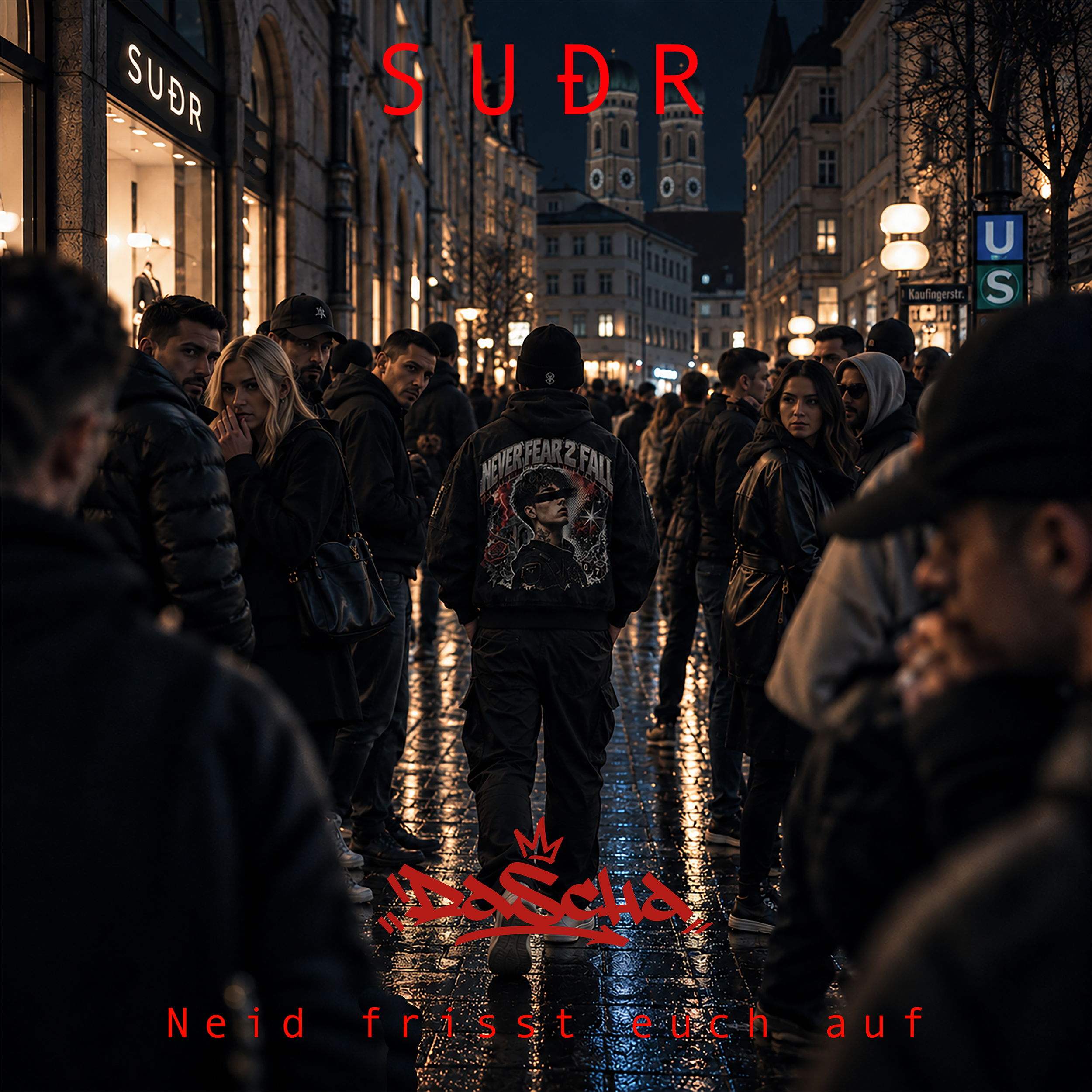 Menschenmenge auf einer Stadtstraße bei Nacht, im Hintergrund Kirchen und Geschäfte, überlagert mit roten Texten auf Deutsch, die Sätze wie »Nie wieder frei sein auf«, »SÜDR«, und »Neid frit’s euch auf« enthalten.