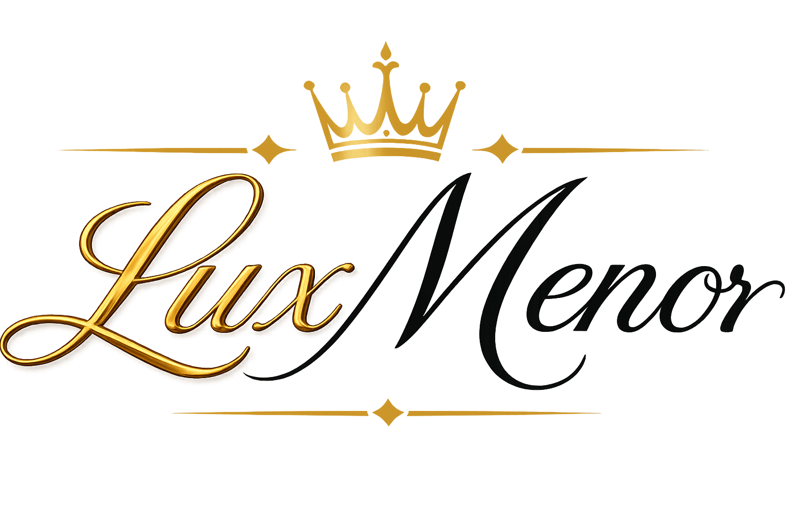 Luxus-Logo mit goldener und schwarzer Schreibschrift, goldene Krone im Hintergrund auf grauem und beigen Untergrund.