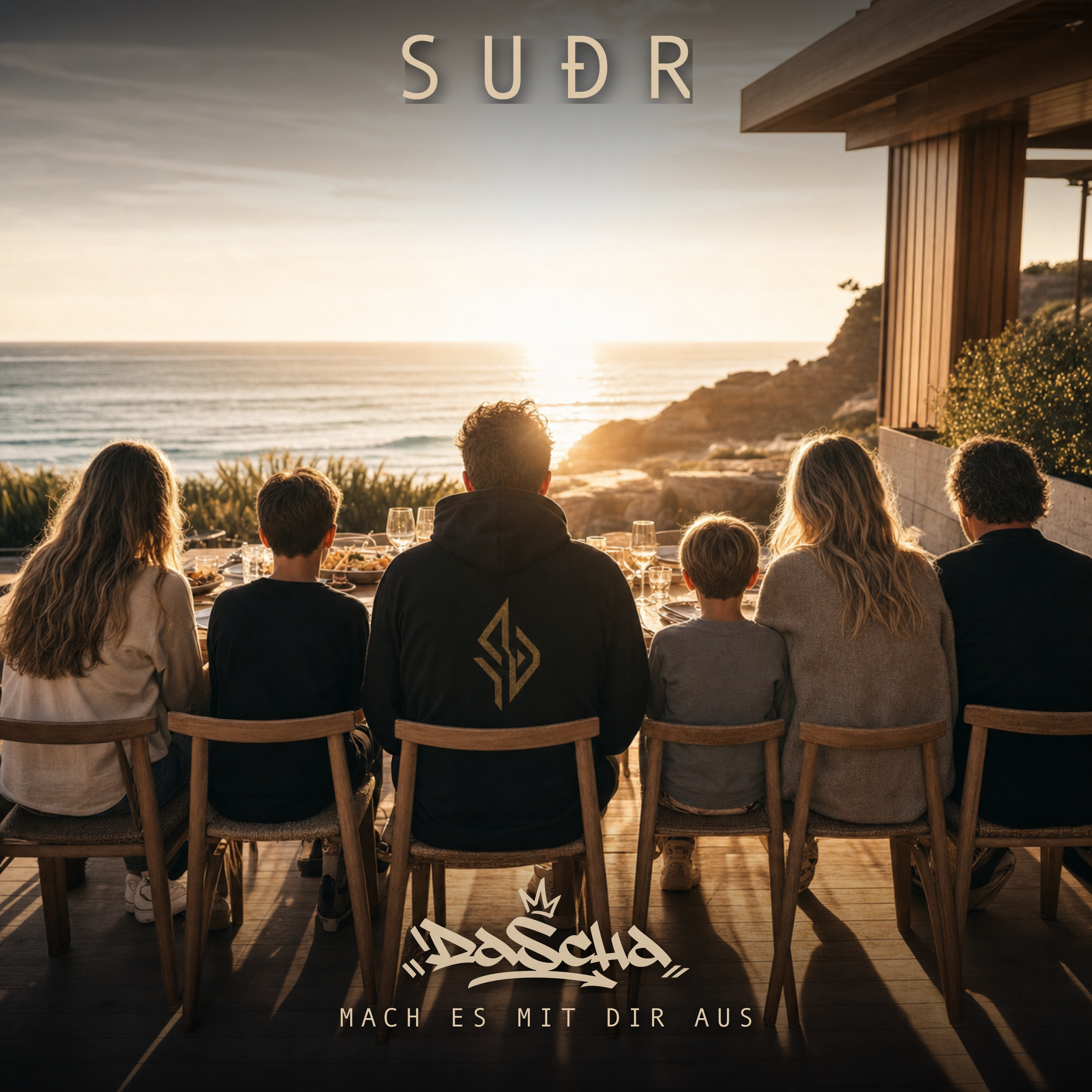 Eine Gruppe Menschen sitzt an einem langen Holztisch im Freien, während die Sonne am Horizont untergeht. Im Hintergrund sieht man die Küste und das Meer. Über dem Bild sind die Wörter 'SURF' und 'Mach es mit dir aus' sichtbar.