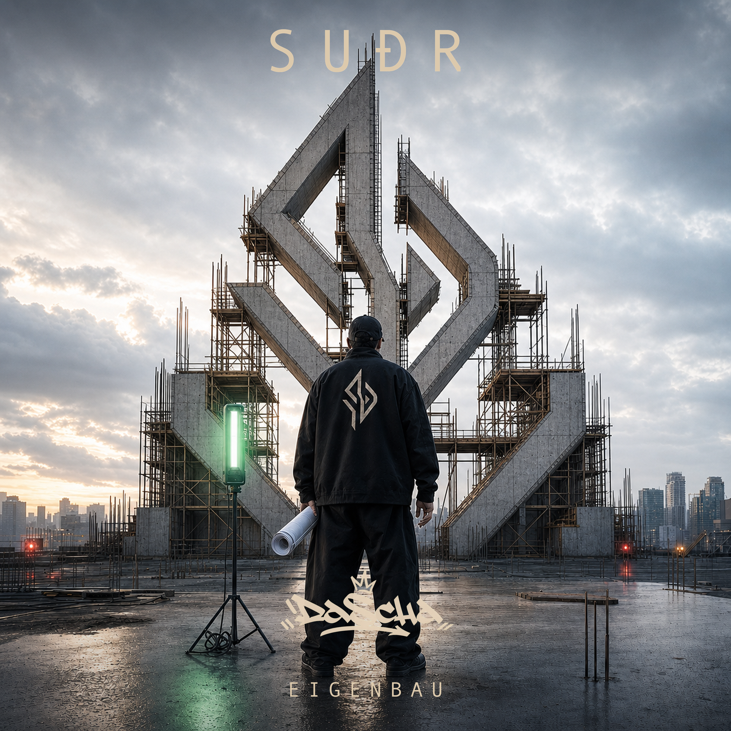 Ein Bauarbeiter steht vor einem großen, im Bau befindlichen Gebäude mit scaffolding. Es ist Abend oder früh morgens, bewölkter Himmel, Reflexionen auf regennasser Straße. Text auf dem Bild: "SUDR" und "EIGENBAU".