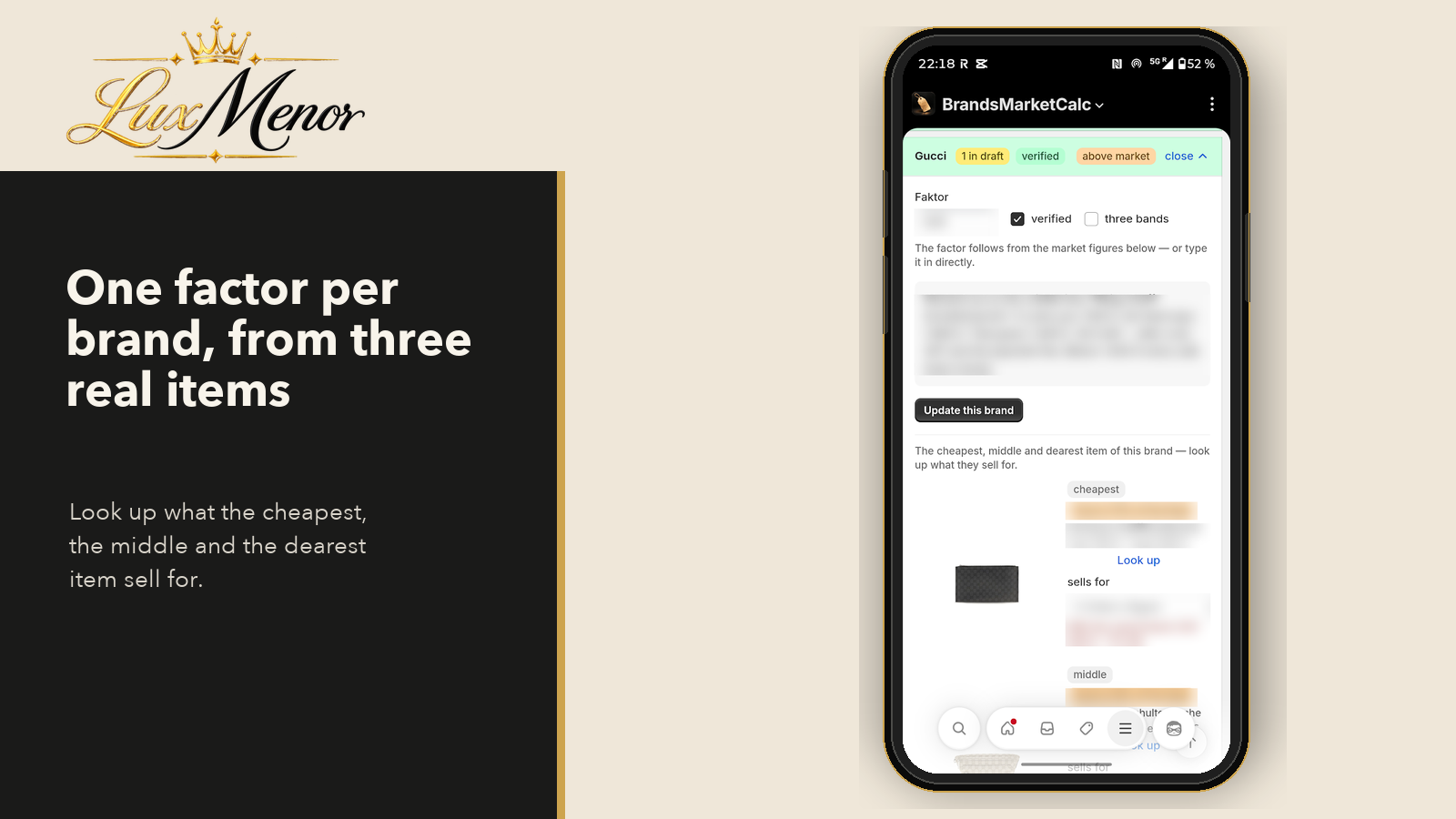 Bildschirmfoto einer Mobile-App zur Markenanalyse mit Produktinformationen für Gucci, inklusive Markierungsstreifen für Status wie "1 in draft" und "verified", mit Button "Update this brand" und geschätzten Verkaufswert für ein Produkt.
