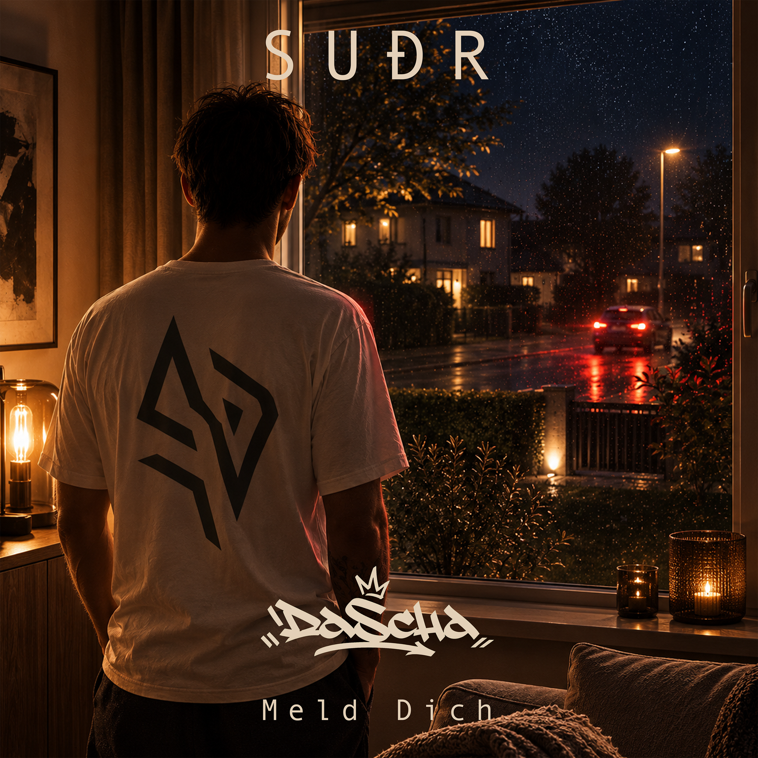 Ein Mann schaut nachts durch ein Fenster hinaus, auf dem Sternenhimmel und Häuserlichter sichtbar sind. Im Vordergrund steht der Text 'SÜDR' und darunter 'Meld Dich' in großen Buchstaben.
